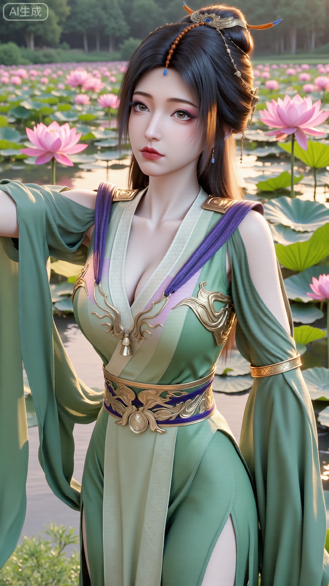 (masterpiece, best quality:1.2),1girl, navel, solo, midriff, bare shoulders, hair ornament,(long hair),(High double ponytail:1.19), red lips, BREAK, (looking at viewer:1.39), chinese clothes,(Holographic Color long dress:1.36), (lace,Rainbow Gradient Color:1.28), BREAK,blurry, solo focus, long hair, lips, daytime, lipstick, outdoors, standing,upper body,(huge breasts:2.89), background, solo, makeup,(Stockings, high heels:1.29),(huge breasts:2.99),(full breasts:2.99),,(Background with lotus pond and pink lotus flowers:1.39),XbaifengsongyuYH,Xbigbreasts,XmengkeerXHY,XliuyuH