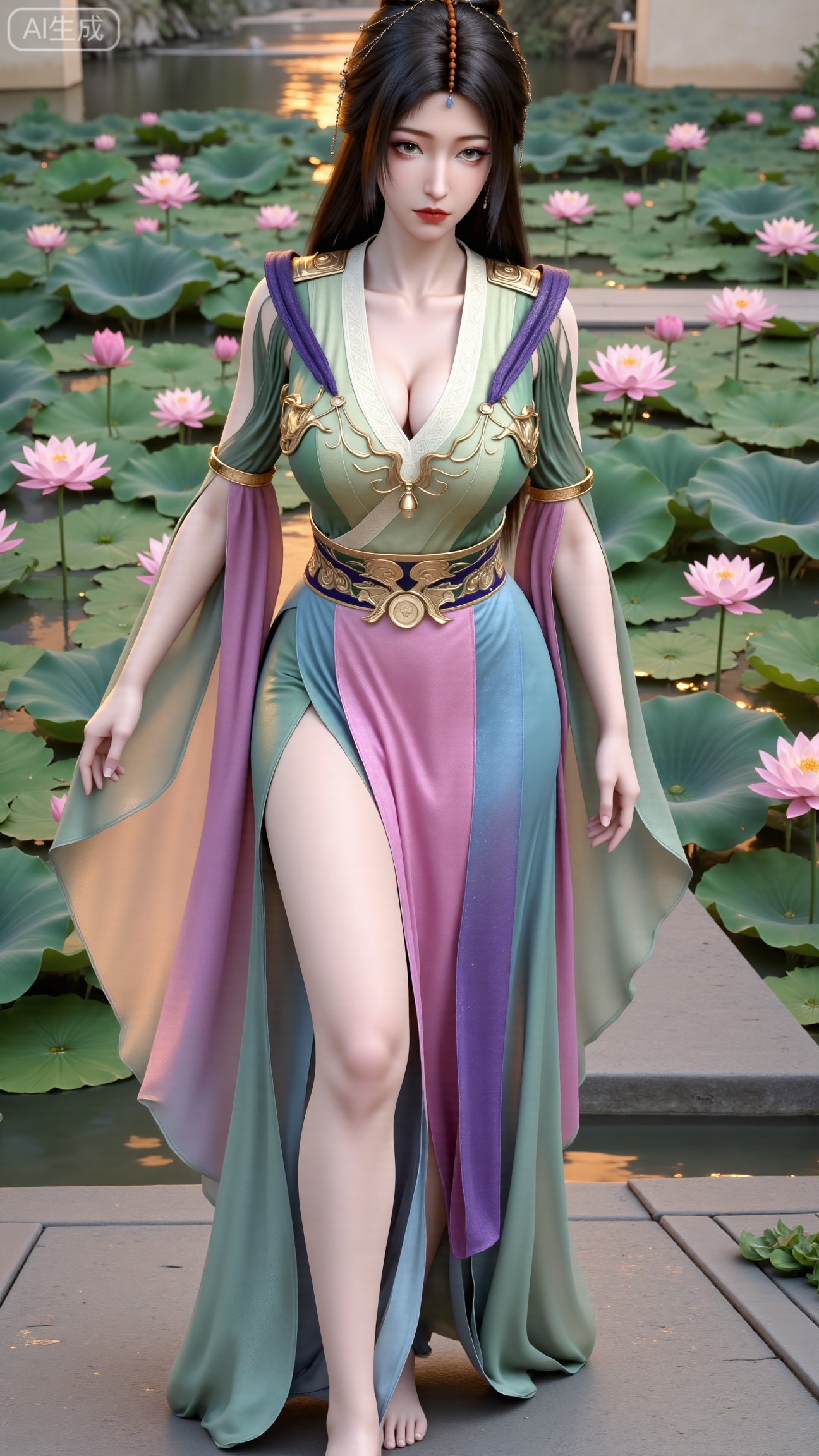 (masterpiece, best quality:1.2),1girl, navel, solo, midriff, bare shoulders, hair ornament,(long hair),(High double ponytail:1.19), red lips, BREAK, (looking at viewer:1.39), chinese clothes,(Holographic Color long dress:1.36), (lace,Rainbow Gradient Color:1.28), BREAK,blurry, solo focus, long hair, lips, daytime, lipstick, outdoors, standing,upper body,(huge breasts:2.89), background, solo, makeup,(Stockings, high heels:1.29),(huge breasts:2.99),(full breasts:2.99),,(Background with lotus pond and pink lotus flowers:1.39),XbaifengsongyuYH,Xbigbreasts,XmengkeerXHY,XliuyuH
