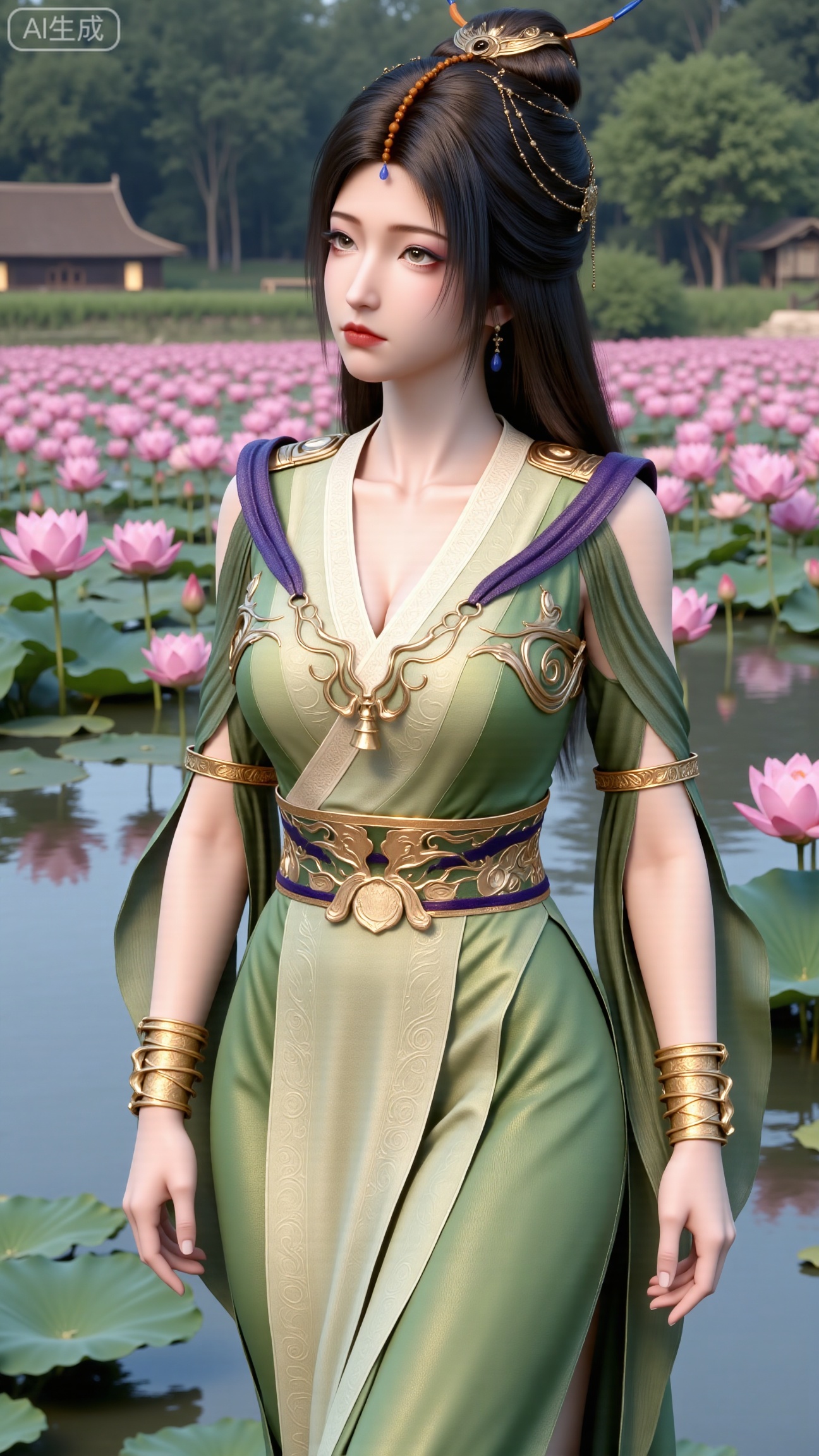 (masterpiece, best quality:1.2),1girl, navel, solo, midriff, bare shoulders, hair ornament,(long hair),(High double ponytail:1.19), red lips, BREAK, (looking at viewer:1.39), chinese clothes,(Holographic Color long dress:1.36), (lace,Rainbow Gradient Color:1.28), BREAK,blurry, solo focus, long hair, lips, daytime, lipstick, outdoors, standing,upper body,(huge breasts:2.89), background, solo, makeup,(Stockings, high heels:1.29),(huge breasts:2.99),(full breasts:2.99),,(Background with lotus pond and pink lotus flowers:1.39),XbaifengsongyuYH,Xbigbreasts,XmengkeerXHY,XliuyuH