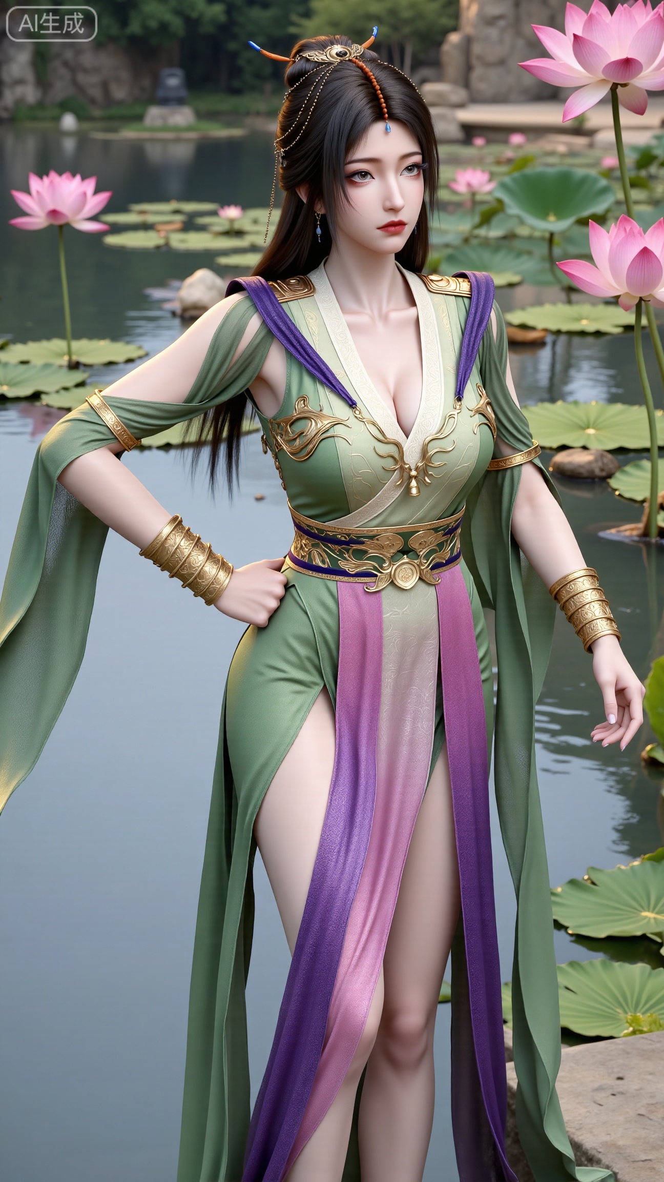 (masterpiece, best quality:1.2),1girl, navel, solo, midriff, bare shoulders, hair ornament,(long hair),(High double ponytail:1.19), red lips, BREAK, (looking at viewer:1.39), chinese clothes,(Holographic Color long dress:1.36), (lace,Rainbow Gradient Color:1.28), BREAK,blurry, solo focus, long hair, lips, daytime, lipstick, outdoors, standing,upper body,(huge breasts:2.89), background, solo, makeup,(Stockings, high heels:1.29),(huge breasts:2.99),(full breasts:2.99),,(Background with lotus pond and pink lotus flowers:1.39),XbaifengsongyuYH,Xbigbreasts,XmengkeerXHY,XliuyuH