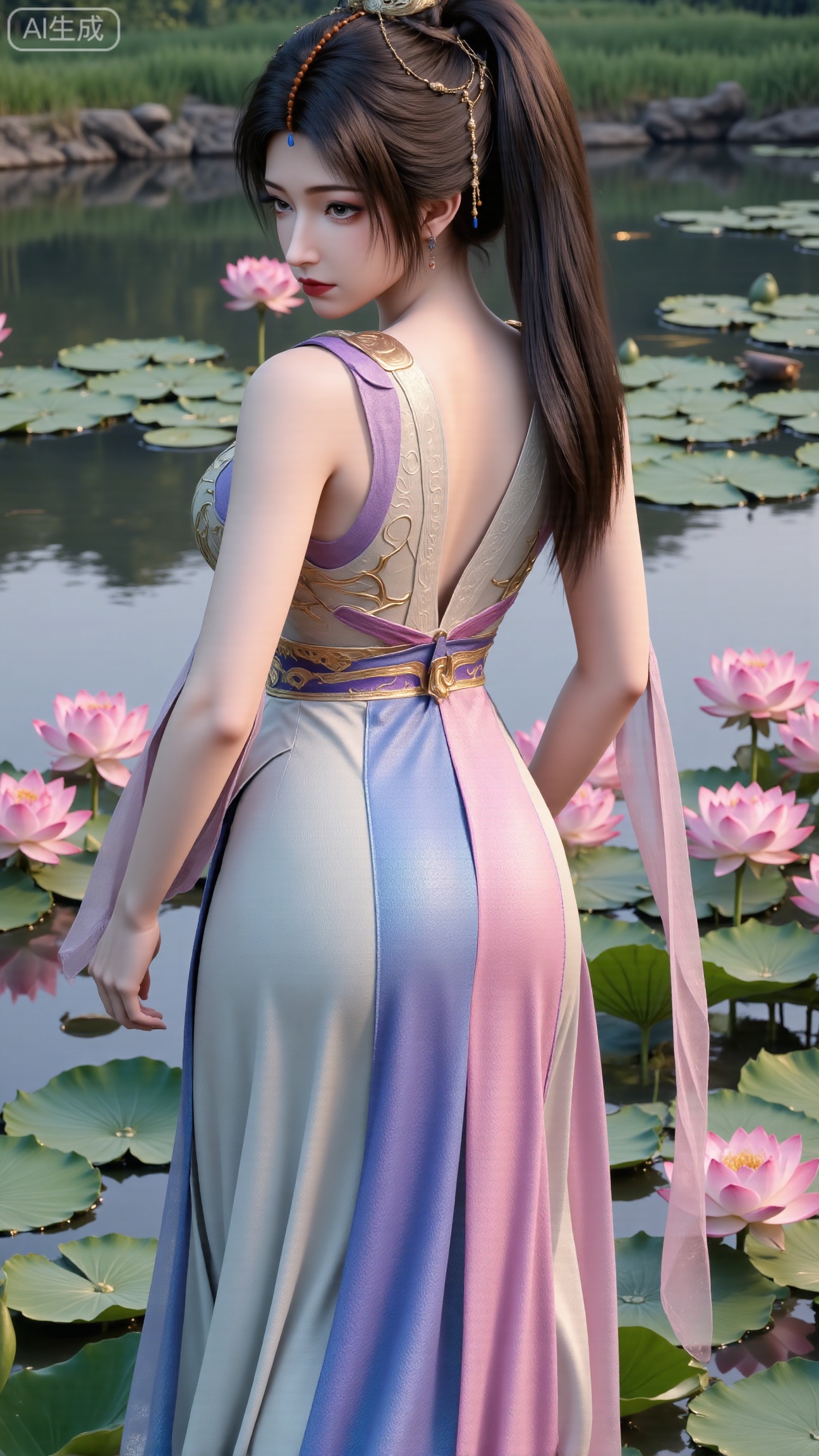 (masterpiece, best quality:1.2),1girl, navel, solo, midriff, bare shoulders, hair ornament,(long hair),(High double ponytail:1.19), red lips, BREAK, (looking at viewer:1.39), chinese clothes,(Holographic Color long dress:1.36), (lace,Rainbow Gradient Color:1.28), BREAK,blurry, solo focus, long hair, lips, daytime, lipstick, outdoors, standing,upper body,(huge breasts:2.89), background, solo, makeup,(Stockings, high heels:1.29),(huge breasts:2.99),(full breasts:2.99),,(Background with lotus pond and pink lotus flowers:1.39),XbaifengsongyuYH,Xbigbreasts,XmengkeerXHY,XliuyuH