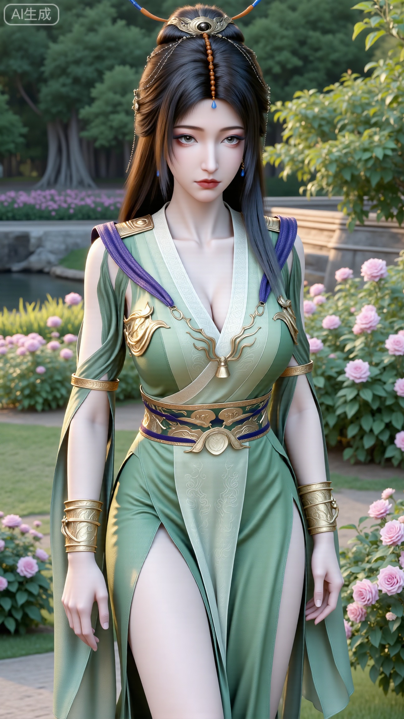 (masterpiece:1.2),best quality,,A woman adorned in traditional Chinese attire,( dress,black long hair),featuring a flowing robe with intricate embroidery and floral accents. A garden filled with pink roses and lush greenery. Soft pastel hues of white,blue,and green,creating a serene atmosphere. Photorealistic photography.,(huge breasts:2.99),(full breasts:2.99),,XbaifengsongyuYH,Xbigbreasts,XmengkeerXHY,XliuyuH