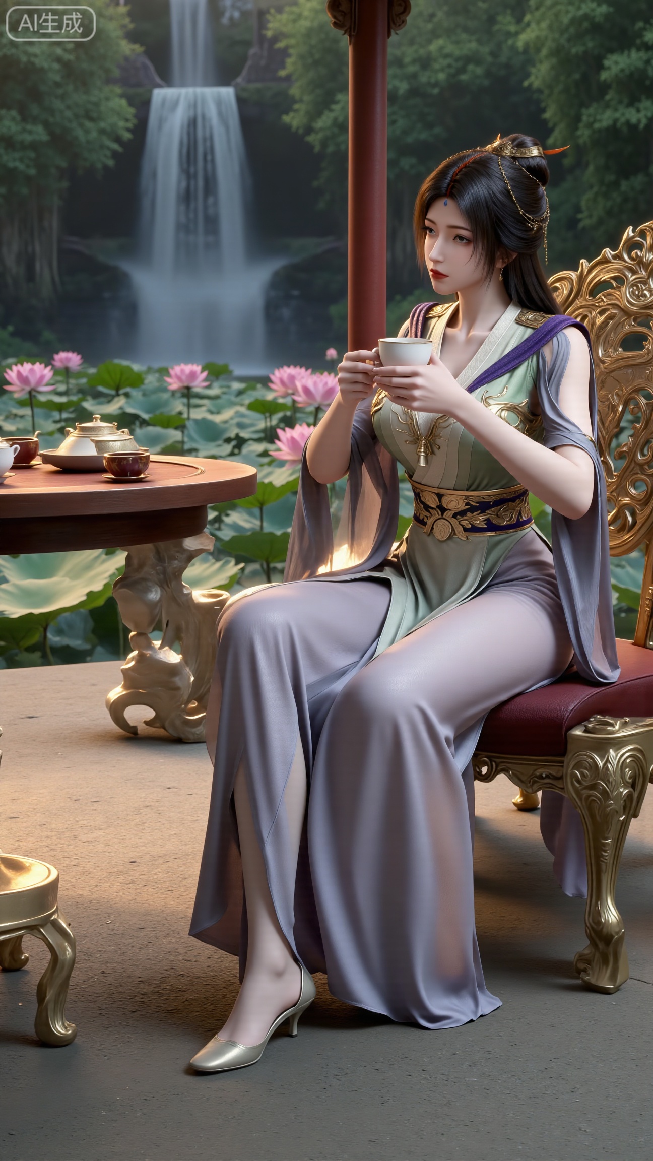 (masterpiece, best quality:1.2),1girl, solo, ornament, , breasts, no eye shadow, even lighting, Sitting, pavilion, Table, chair, drinking tea, Grasp Extremely gaiwan, side_view, very awa, room background,,(Stockings, high heels:1.29),(huge breasts:2.99),(full breasts:2.99),,(Background with lotus pond and pink lotus flowers:1.39),XbaifengsongyuYH,Xbigbreasts,XmengkeerXHY,XliuyuH
