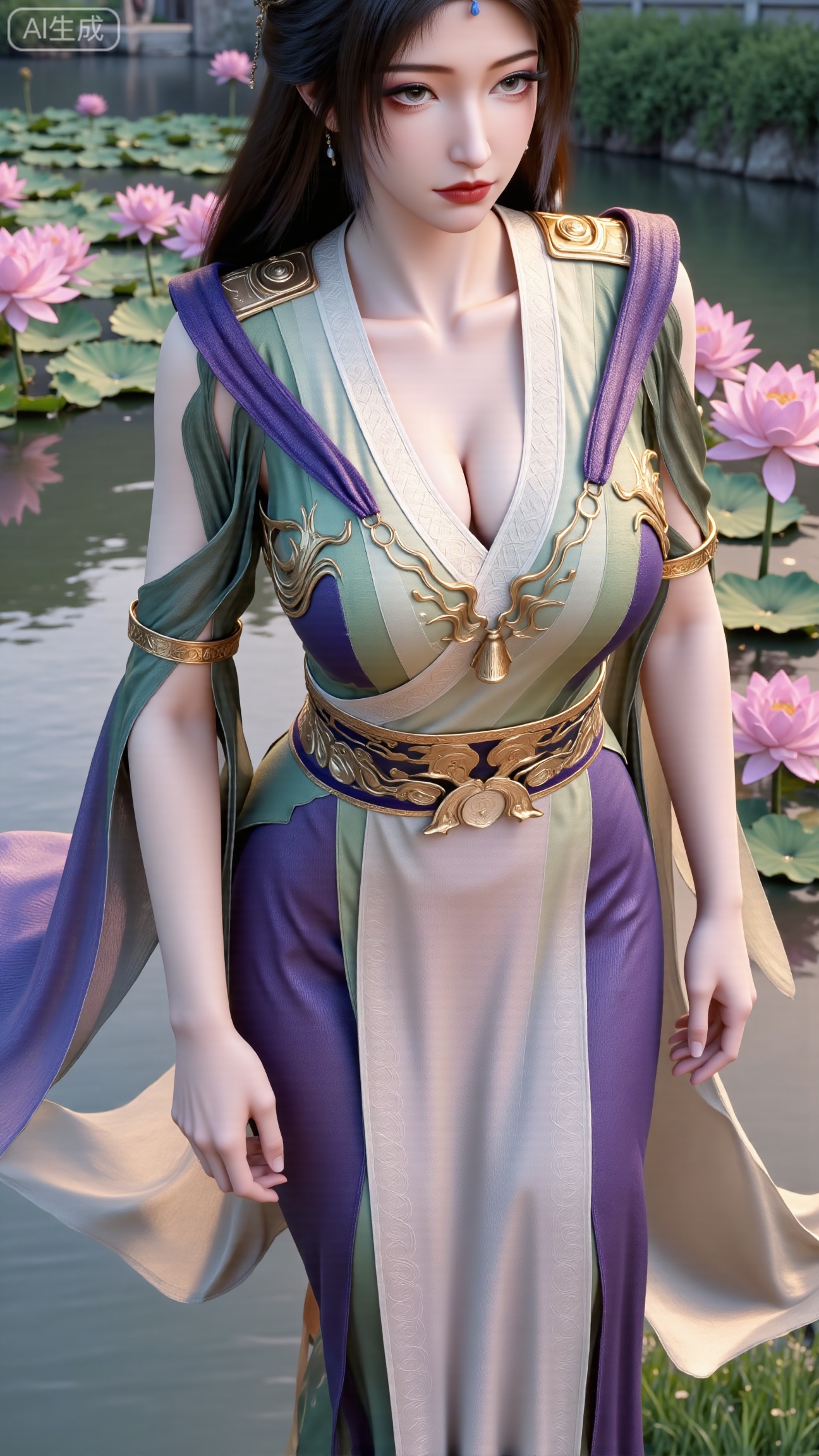 (masterpiece, best quality:1.2),1girl, navel, solo, midriff, bare shoulders, hair ornament,(long hair),(High double ponytail:1.19), red lips, BREAK, (looking at viewer:1.39), chinese clothes,(Holographic Color long dress:1.36), (lace,Rainbow Gradient Color:1.28), BREAK,blurry, solo focus, long hair, lips, daytime, lipstick, outdoors, standing,upper body,(huge breasts:2.89), background, solo, makeup,(Stockings, high heels:1.29),(huge breasts:2.99),(full breasts:2.99),,(Background with lotus pond and pink lotus flowers:1.39),XbaifengsongyuYH,Xbigbreasts,XmengkeerXHY,XliuyuH