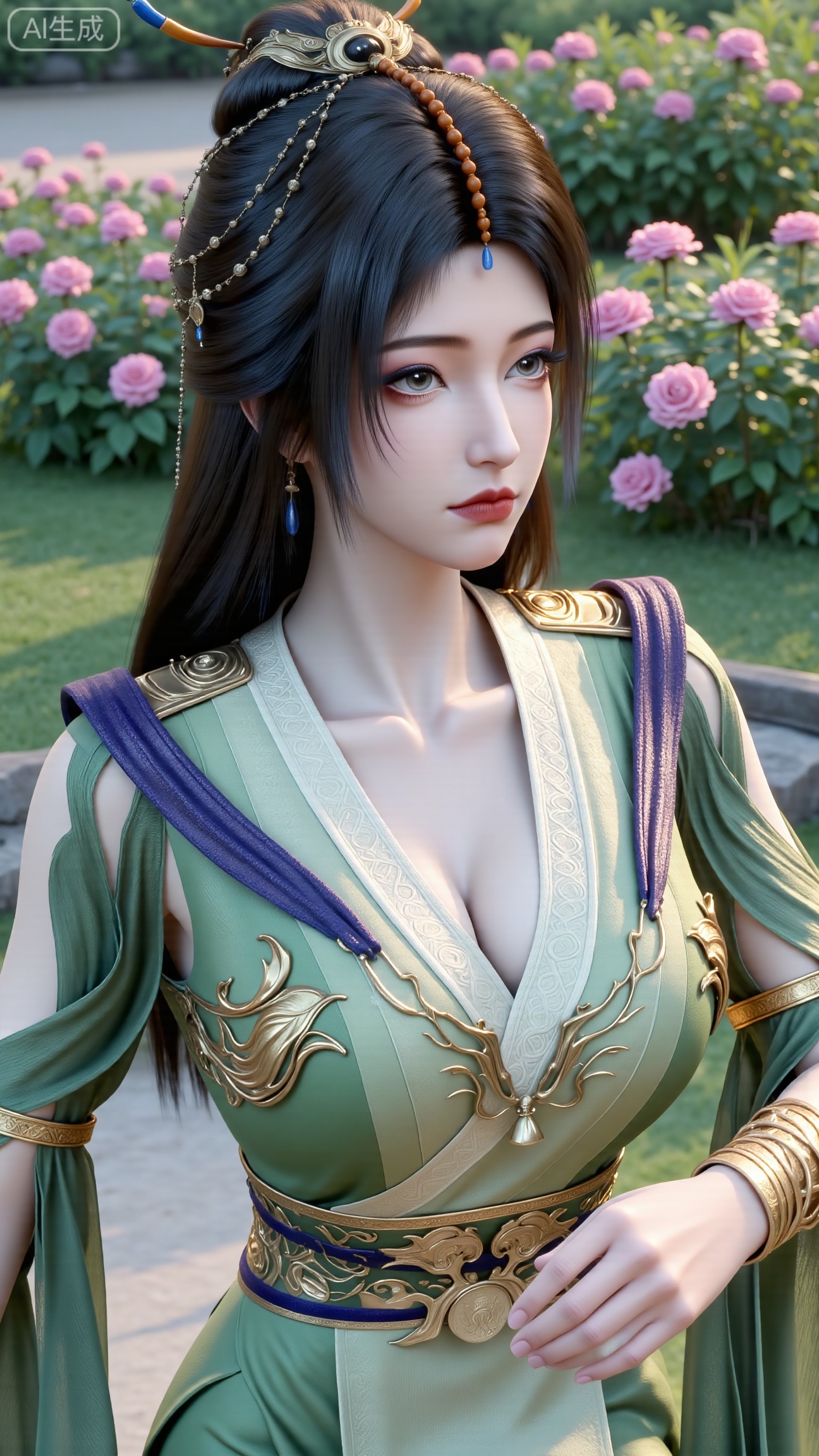 (masterpiece:1.2),best quality,,A woman adorned in traditional Chinese attire,( dress,black long hair),featuring a flowing robe with intricate embroidery and floral accents. A garden filled with pink roses and lush greenery. Soft pastel hues of white,blue,and green,creating a serene atmosphere. Photorealistic photography.,(huge breasts:2.99),(full breasts:2.99),,XbaifengsongyuYH,Xbigbreasts,XmengkeerXHY,XliuyuH