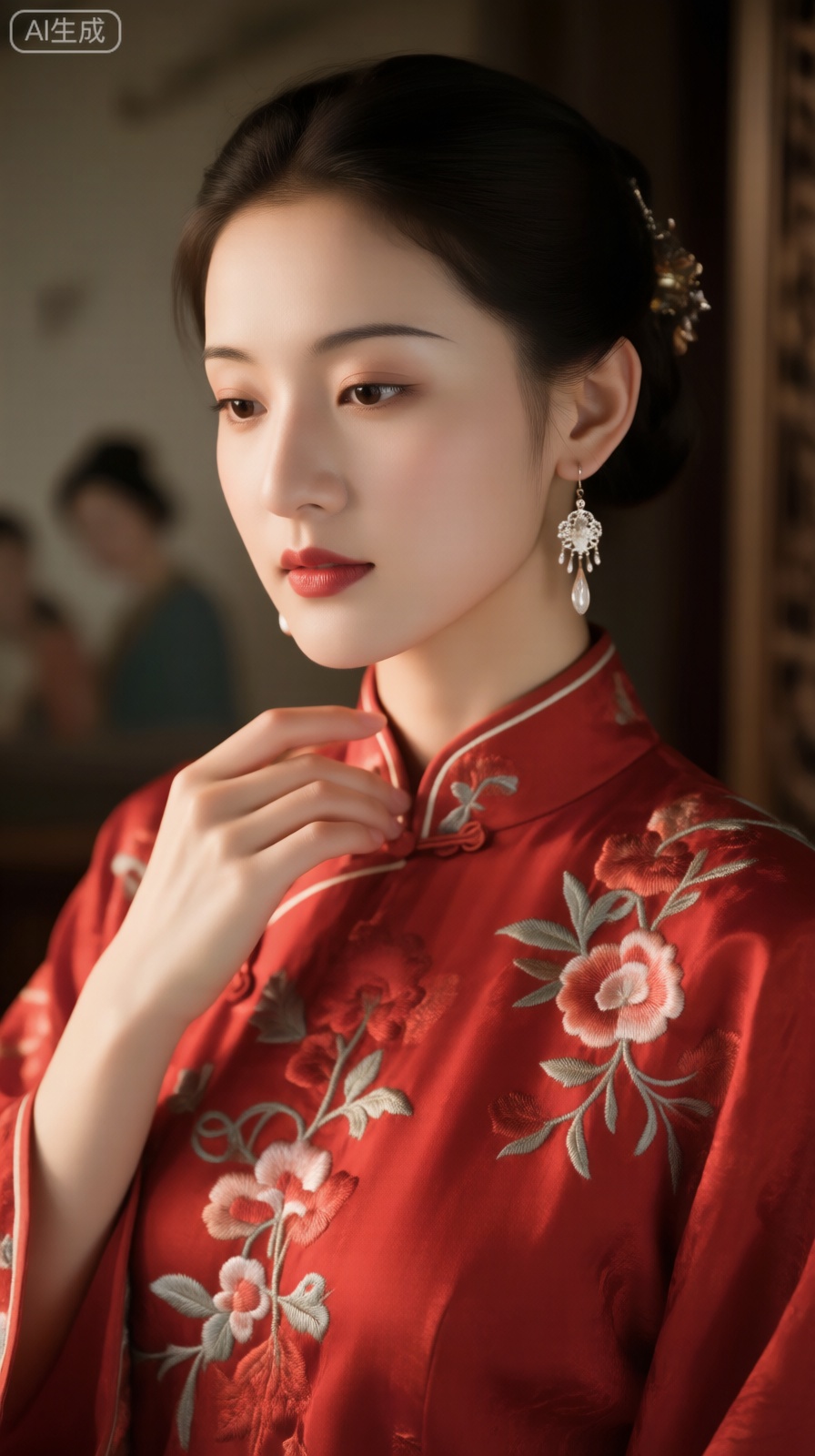 1. **标题**：《中式美学里的温婉时刻》
2. **绘图触发词**：中式风格、传统服饰（红色绣花服饰）、女性形象、佩戴耳饰、精致刺绣、柔和光影、古典氛围3. **一段话**：画面呈现出中式美学下的温婉场景。女子身着带有精致刺绣的红色传统服饰,正优雅地佩戴耳饰,服饰的色彩与纹样尽显古典韵味。背景中隐约的人物与整体柔和的光影相配合,营造出浓郁的古典氛围,将中式传统里的温婉与精致生动展现。