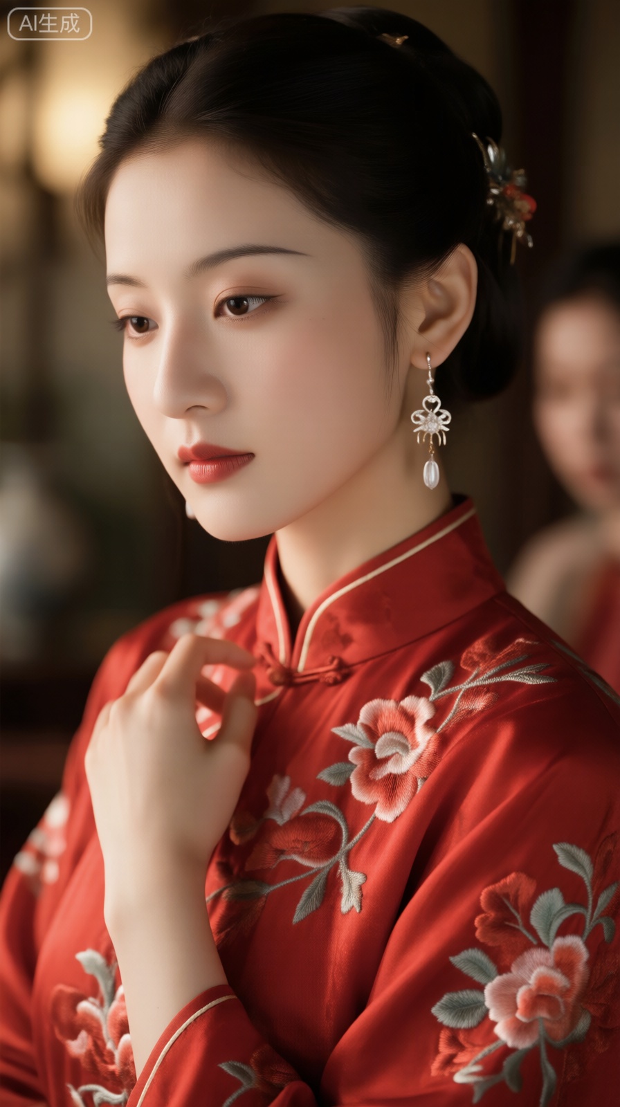1. **标题**：《中式美学里的温婉时刻》
2. **绘图触发词**：中式风格、传统服饰（红色绣花服饰）、女性形象、佩戴耳饰、精致刺绣、柔和光影、古典氛围3. **一段话**：画面呈现出中式美学下的温婉场景。女子身着带有精致刺绣的红色传统服饰,正优雅地佩戴耳饰,服饰的色彩与纹样尽显古典韵味。背景中隐约的人物与整体柔和的光影相配合,营造出浓郁的古典氛围,将中式传统里的温婉与精致生动展现。