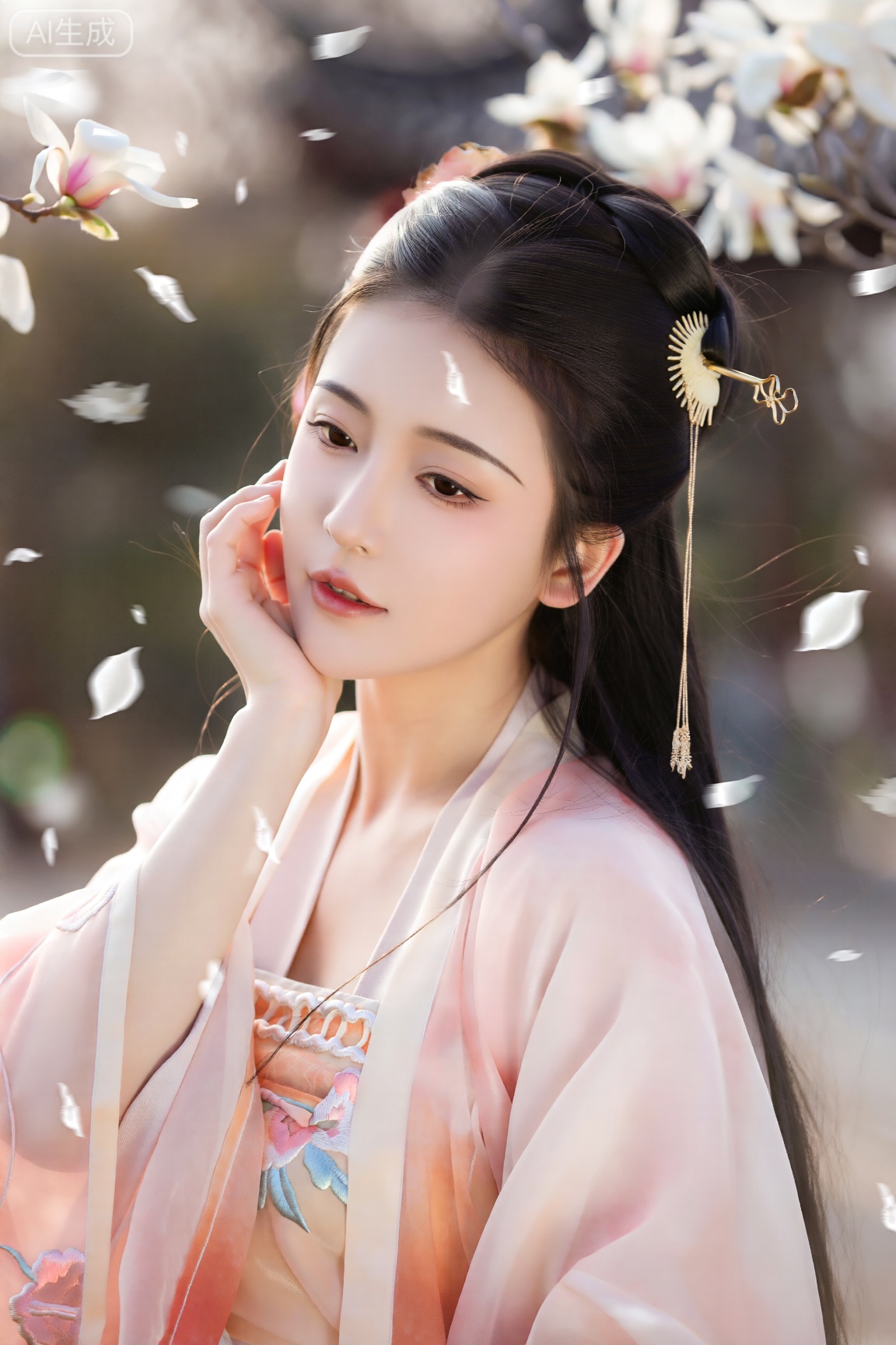 这幅汉服人像作品完美诠释了东方古典美学中的温婉意境。身着粉橙渐变刺绣汉服的女子手托脸颊,流转的衣袖与垂坠发丝形成柔和的线条韵律,金色发簪在乌发间点缀出精致感。虚化的背景中白色花瓣纷飞,既营造如梦似幻的氛围又不喧宾夺主。画面采用暖粉色调统一视觉,焦点精准落于人物含情脉脉的神态,将“倚花沉思”的诗意瞬间凝固于镜头之中,淋漓尽致地展现了传统服饰文化与现代摄影美学相融合的隽永魅力。
