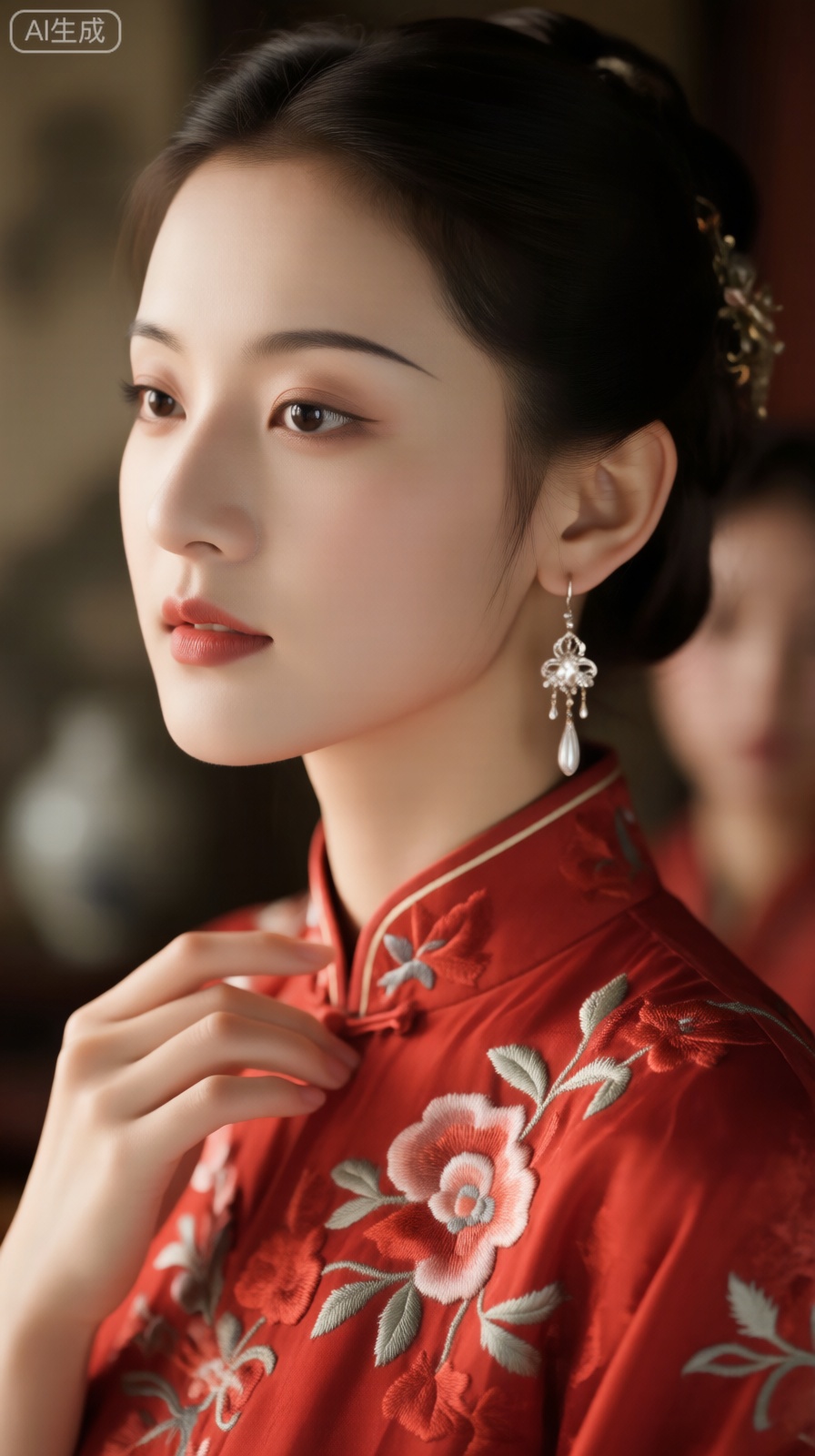 1. **标题**：《中式美学里的温婉时刻》
2. **绘图触发词**：中式风格、传统服饰（红色绣花服饰）、女性形象、佩戴耳饰、精致刺绣、柔和光影、古典氛围3. **一段话**：画面呈现出中式美学下的温婉场景。女子身着带有精致刺绣的红色传统服饰,正优雅地佩戴耳饰,服饰的色彩与纹样尽显古典韵味。背景中隐约的人物与整体柔和的光影相配合,营造出浓郁的古典氛围,将中式传统里的温婉与精致生动展现。