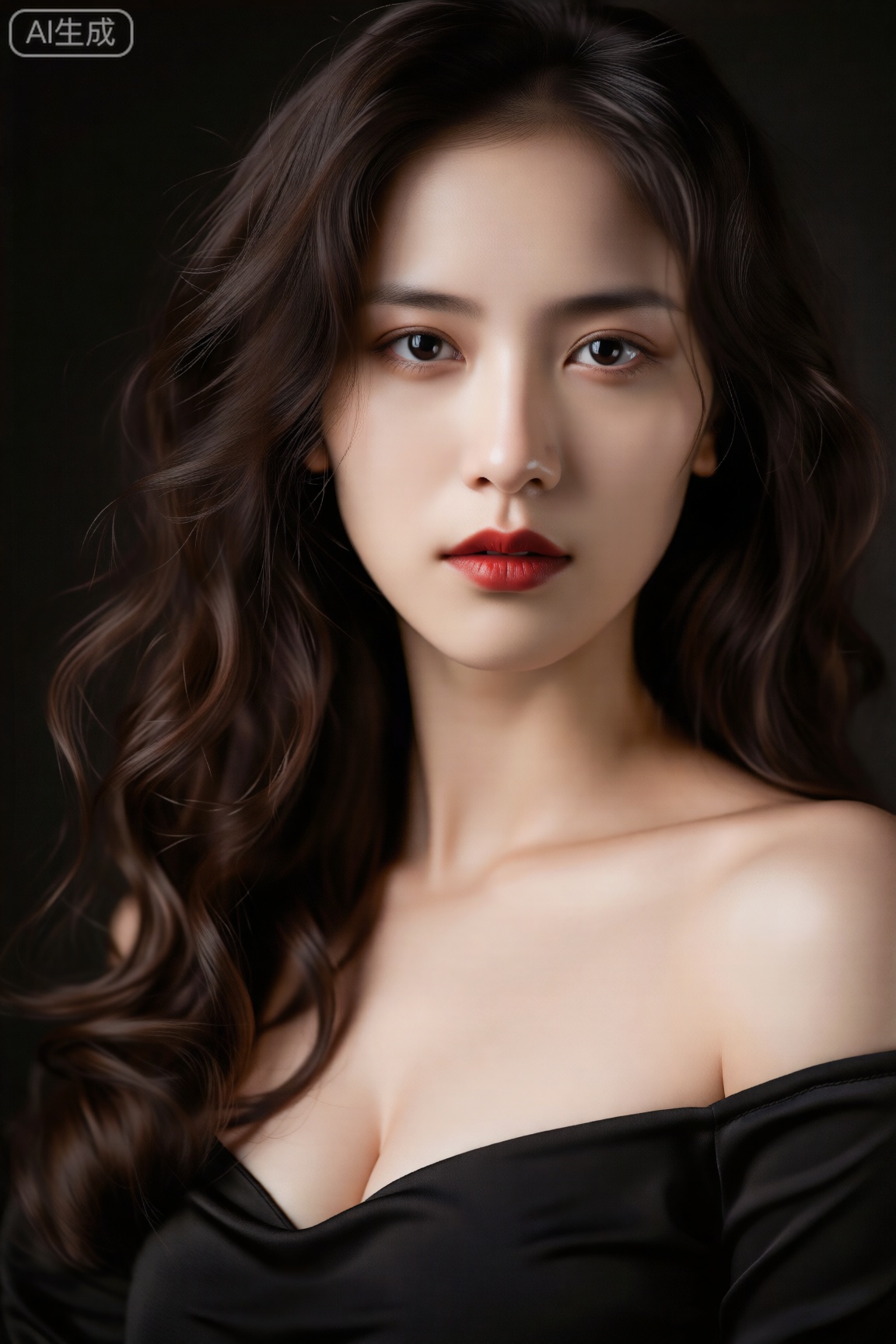 这幅肖像作品以极致聚焦的方式展现女性魅力。深棕色波浪长发如丝绸般垂落,与黑色露肩上衣形成质感对比,裸露的肩颈线条在深色背景中宛如雕塑。光源精准聚焦于面部,凸显深邃眼眸与饱满红唇的立体感,眼神传递出静谧而有力的情绪张力。整体采用暗调美学,通过有限色域凸显肤质与发丝的细腻光泽,将观者视线牢牢锁定于人物神态,完美平衡了古典肖像的庄重与现代时尚的锐利感。









