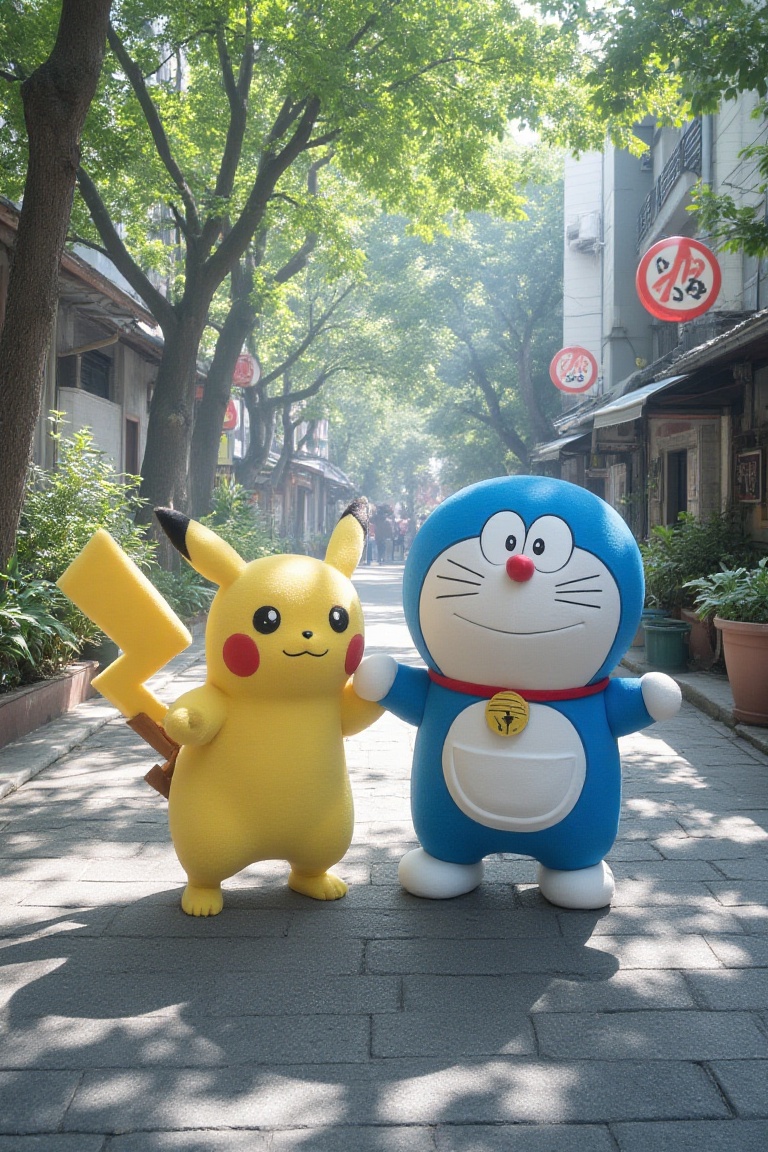 pikachu and doraemon walking on walkway,  shadow foliage,  sunlight. town on Tensor.Art