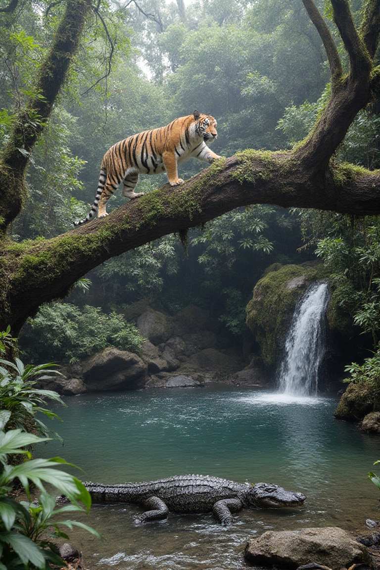 tiger on the falling tree,  large crocodile in the water,  mossy forest on Tensor.Art