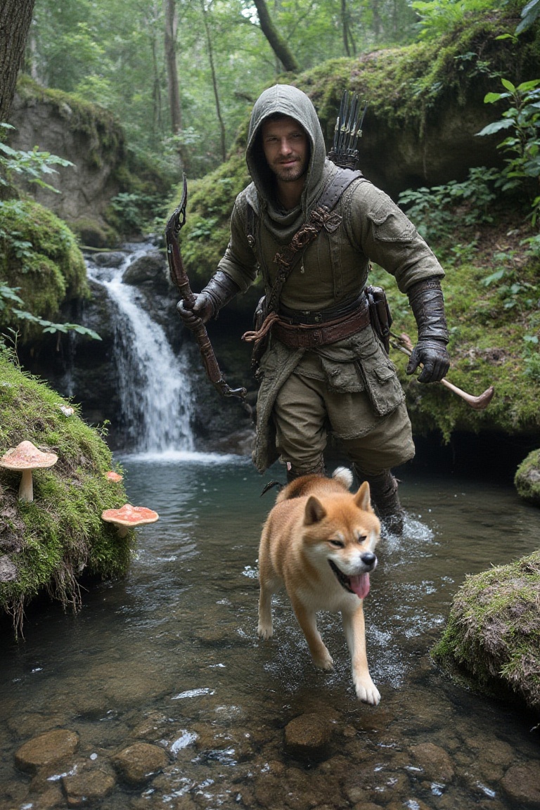 close-up of shiba inu running near an ancient hunter with bow and arrow,  he clads in hooded warrior cloth,  booth and glo...