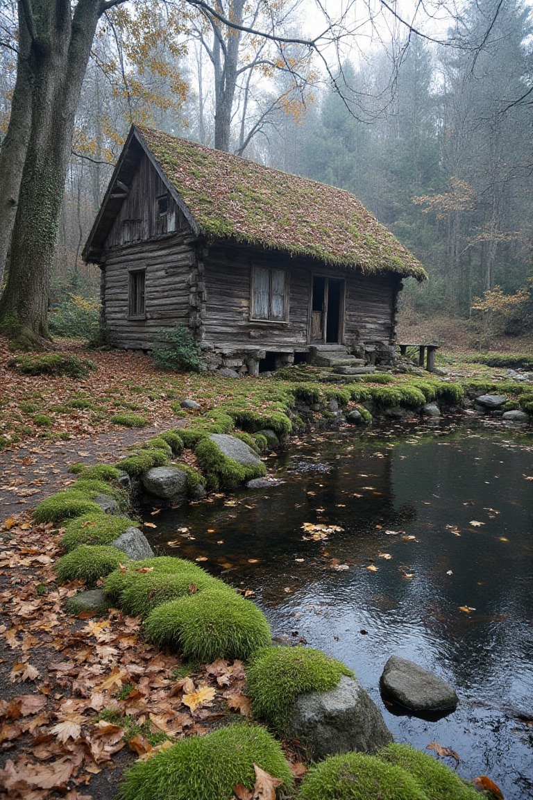 rustic,  wethered abandoned house near lake,  greeny grass dry leaves on the ground on Tensor.Art