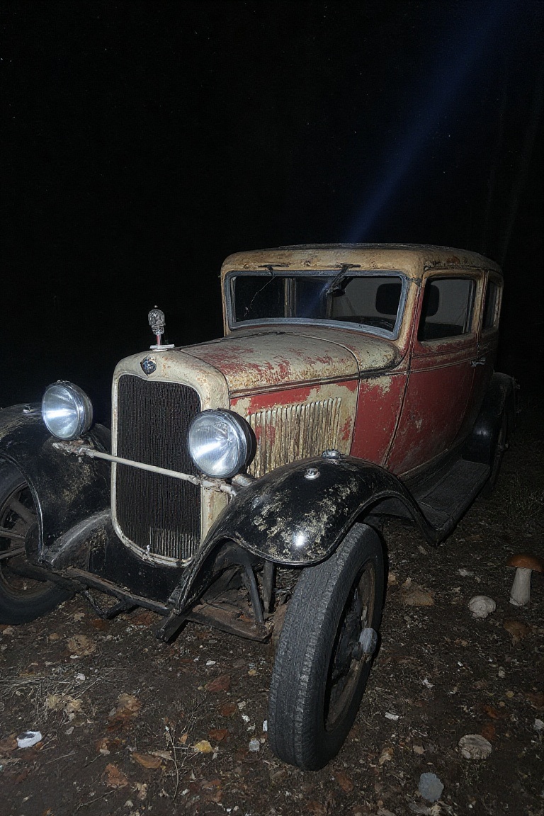 low angle,  abandoned vintage car with flat tires,  lit by a flashlight on Tensor.Art