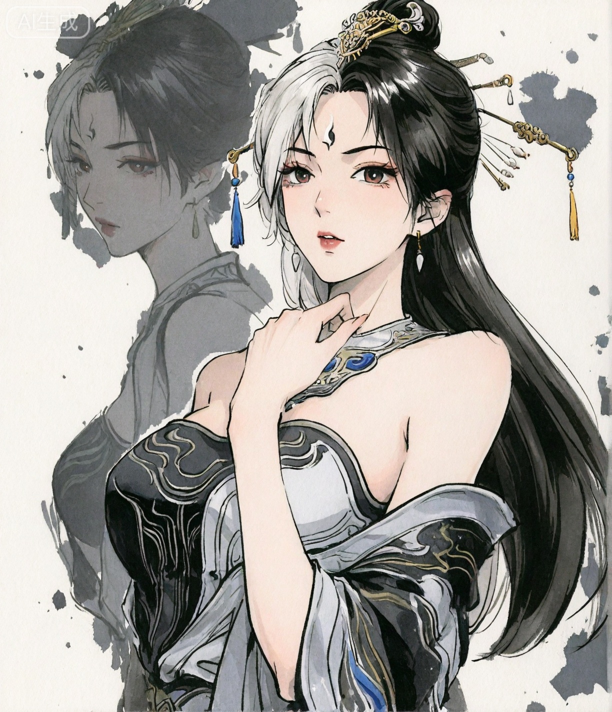 ((very awa)),(solo),highly detailed,(best quality),((masterpiece)),1girl,chi,,painting \(medium\),watercolor \(medium\),looking_at_viewer,black hair,large breasts,lineart,ge,flat color,upper_body,,simple background,yinyang,split-color hair,hair ornament,jewelry,forehead mark,facial mark,earrings,dress,long hair,bare shoulders,hair stick,,