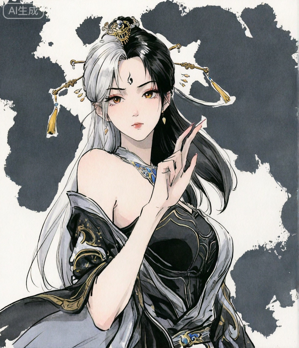 ((very awa)),(solo),highly detailed,(best quality),((masterpiece)),1girl,chi,,painting \(medium\),watercolor \(medium\),looking_at_viewer,black hair,large breasts,lineart,ge,flat color,upper_body,,simple background,yinyang,split-color hair,hair ornament,jewelry,forehead mark,facial mark,earrings,dress,long hair,bare shoulders,hair stick,,