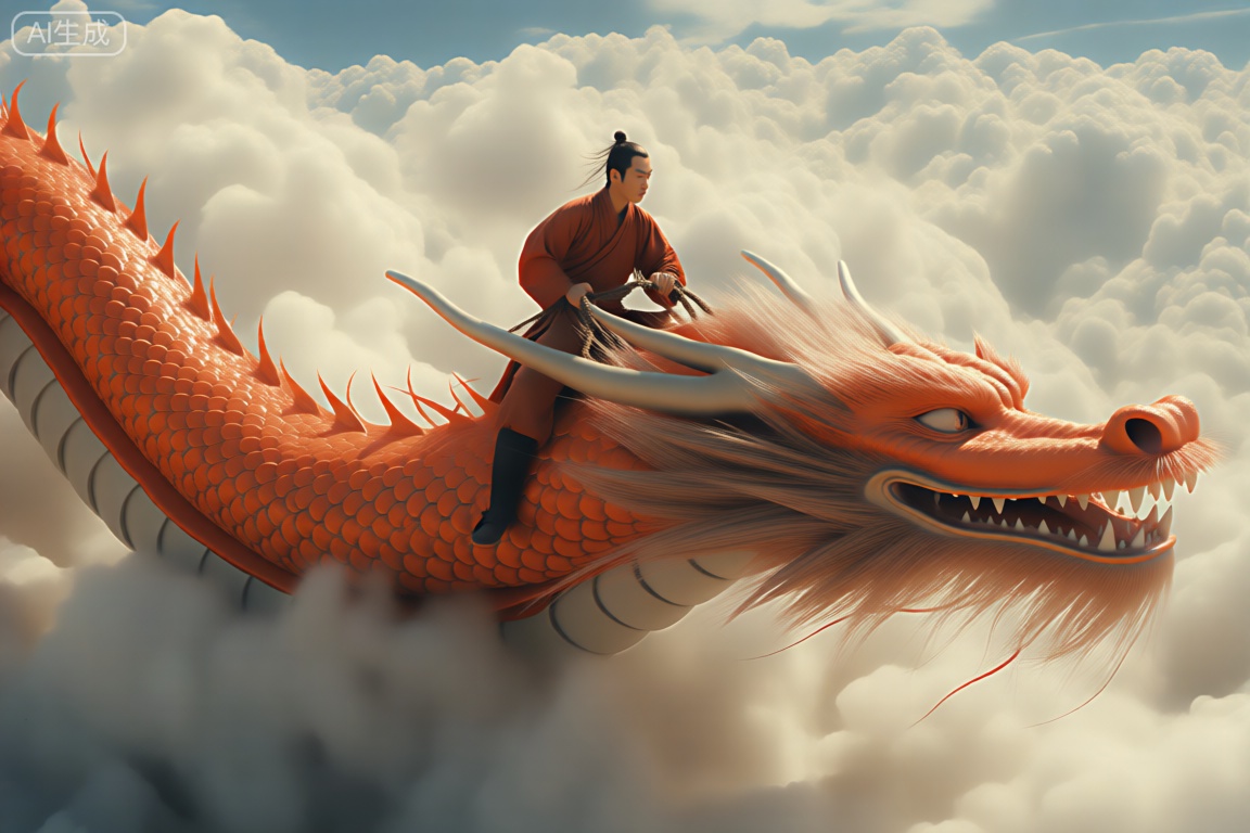 The image depicts a person riding a majestic dragon through a sky filled with clouds. The dragon is vibrant with orange and yellow scales, and its eyes are fierce, with sharp teeth visible. The rider is dressed in traditional attire, wearing a red robe and holding the reins tightly. The background consists of a vast expanse of fluffy white clouds, giving a sense of elevation and freedom. The overall scene is fantastical and reminiscent of mythological or historical depictions.