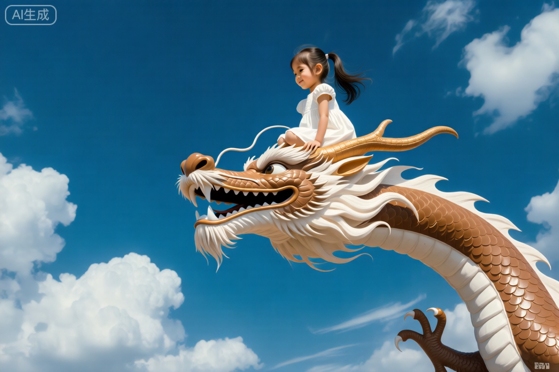 Captured in a low-angle, eye-level shot, a young Asian girl, dressed in a white dress, is seated on the head of a brown and white Chinese dragon. The Chinese dragon's face is adorned with a black smile. The girl's hair is pulled back in a ponytail, adding a touch of warmth to the scene. The sky is a deep blue, dotted with fluffy white clouds, adding to the overall composition of the image.yt,YT,中国龙