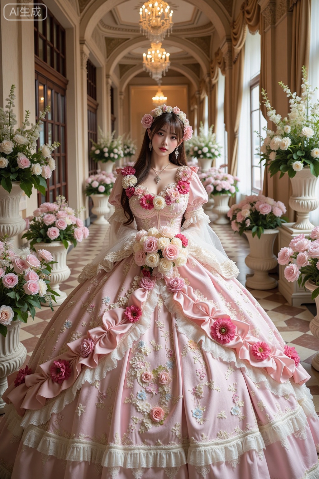Realistic photo of a young woman with long hair, fair skin, big breasts, luxurious flowers Lolita, huge skirt, full body, luxurious European corridor, flowers, perspective lens,