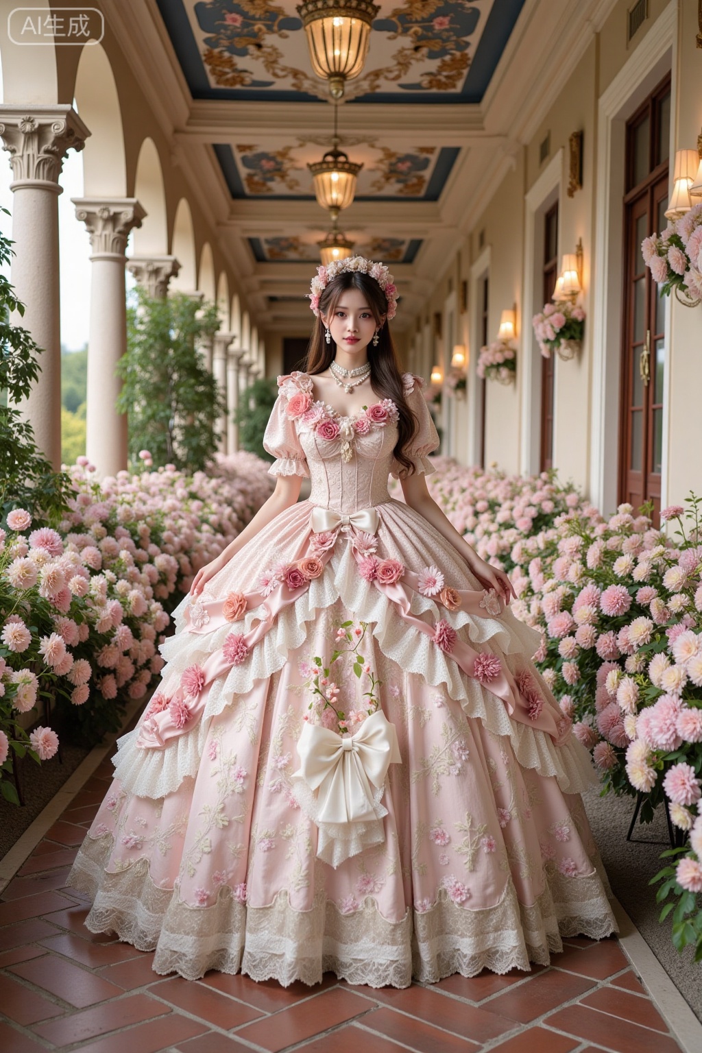 Realistic photo of a young woman with long hair, fair skin, big breasts, luxurious flowers Lolita, huge skirt, full body, luxurious European corridor, flowers, perspective lens,