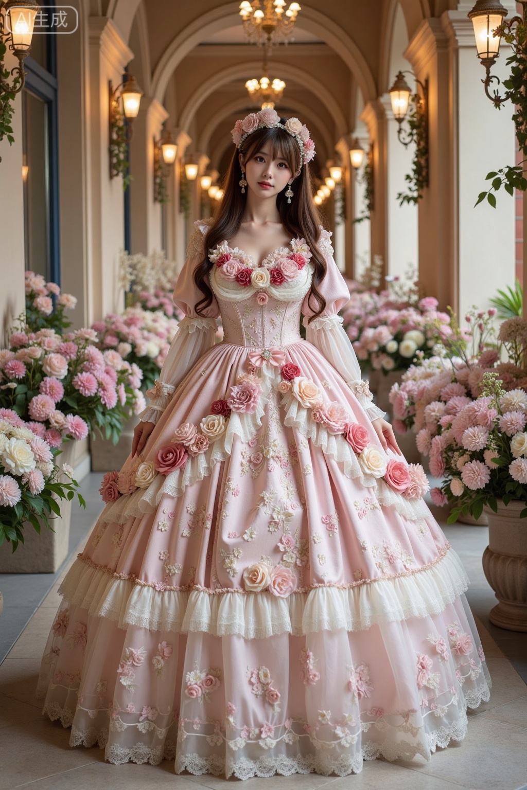 Realistic photo of a young woman with long hair, fair skin, big breasts, luxurious flowers Lolita, huge skirt, full body, luxurious European corridor, flowers, perspective lens,