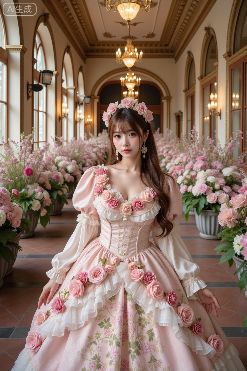 Realistic photo of a young woman with long hair, fair skin, big breasts, luxurious flowers Lolita, huge skirt, full body, luxurious European corridor, flowers, perspective lens,