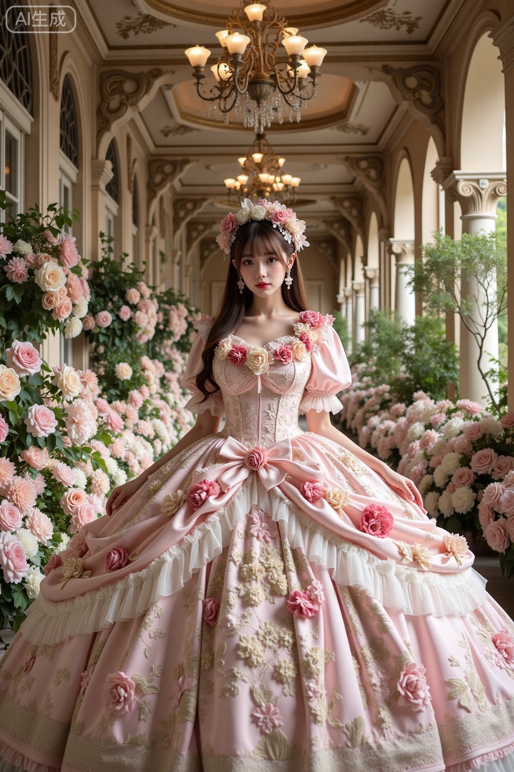 Realistic photo of a young woman with long hair, fair skin, big breasts, luxurious flowers Lolita, huge skirt, full body, luxurious European corridor, flowers, perspective lens,