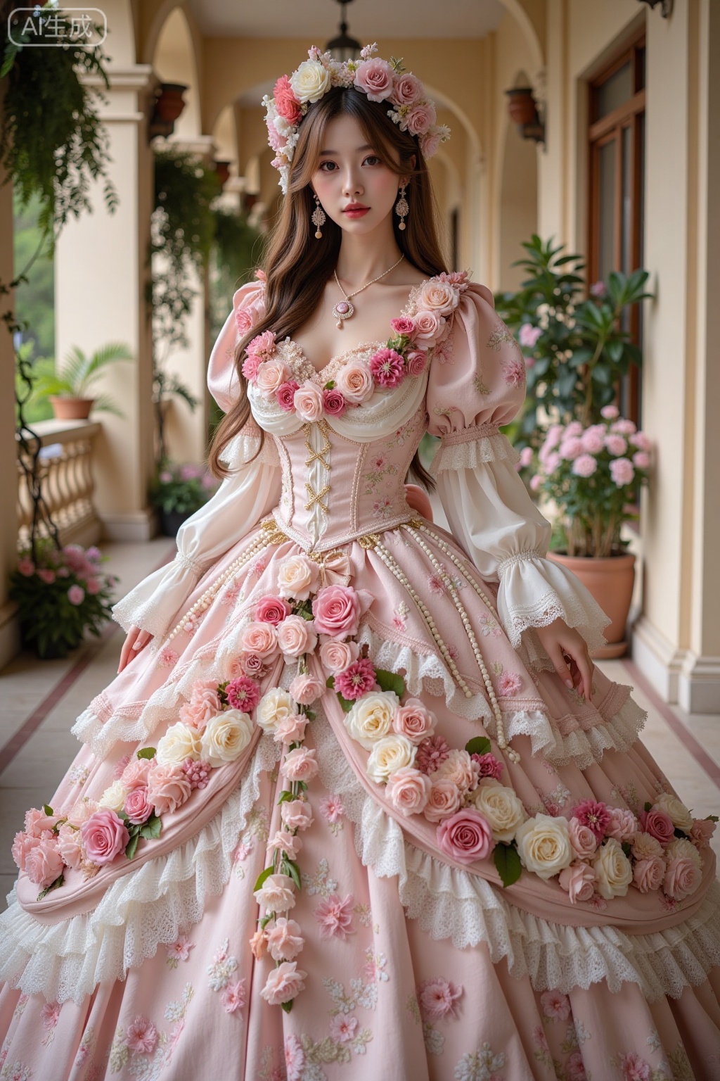 Realistic photo of a young woman with long hair, fair skin, big breasts, luxurious flowers Lolita, huge skirt, full body, luxurious European corridor, flowers, perspective lens,