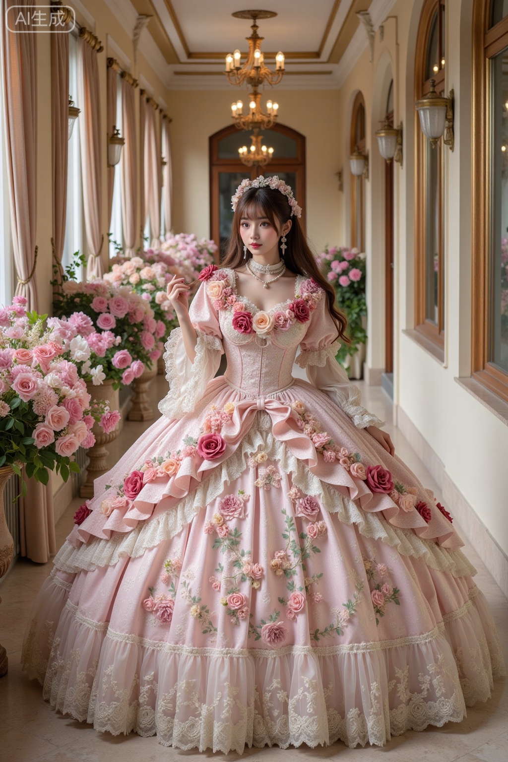 Realistic photo of a young woman with long hair, fair skin, big breasts, luxurious flowers Lolita, huge skirt, full body, luxurious European corridor, flowers, perspective lens,
