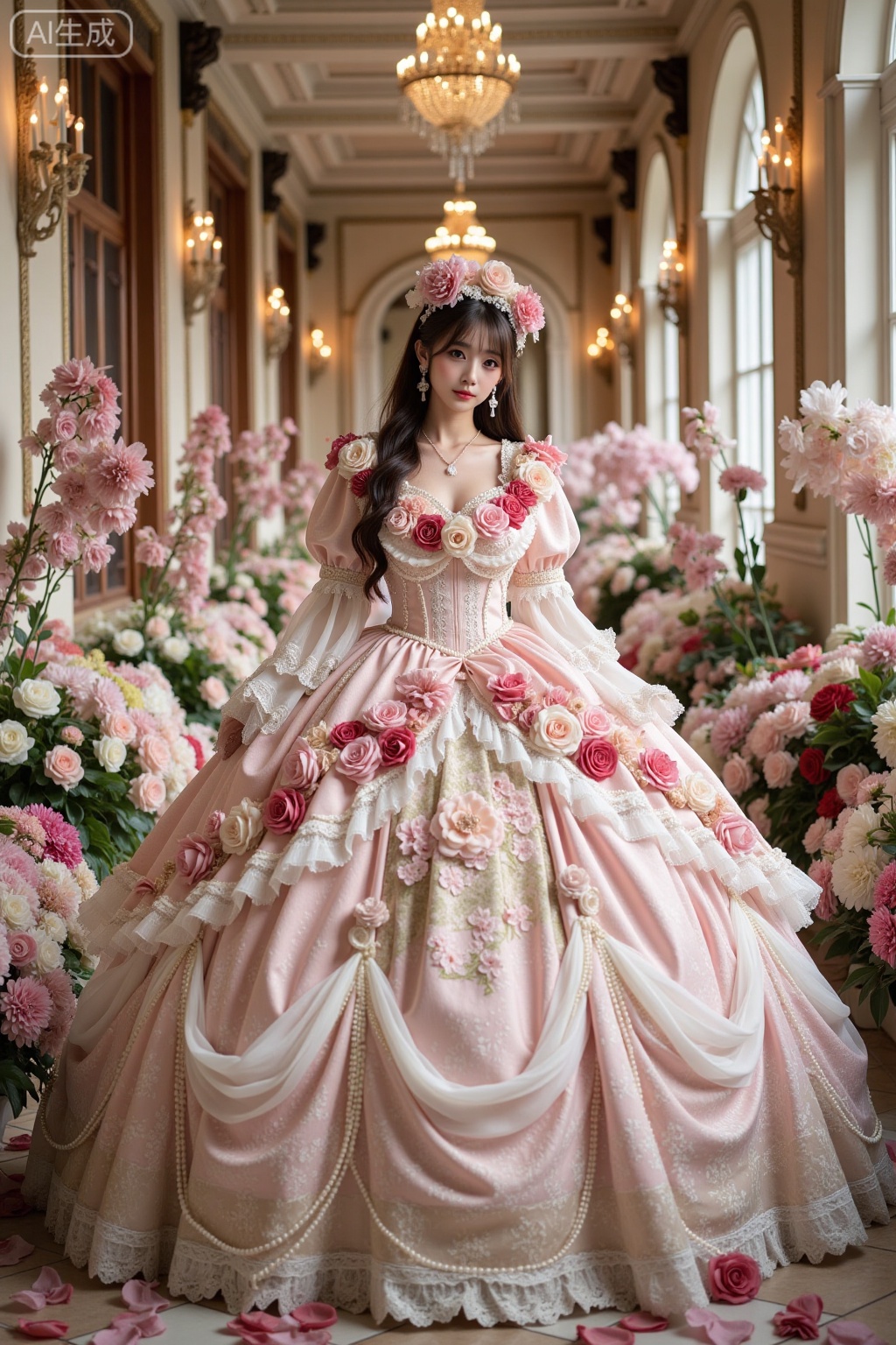 Realistic photo of a young woman with long hair, fair skin, big breasts, luxurious flowers Lolita, huge skirt, full body, luxurious European corridor, flowers, perspective lens,
