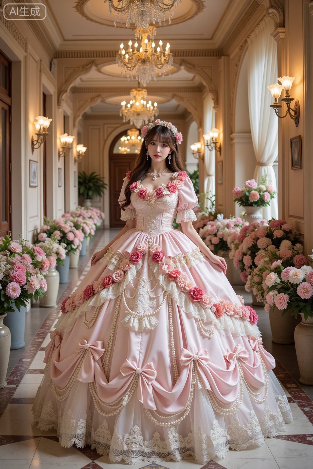 Realistic photo of a young woman with long hair, fair skin, big breasts, luxurious flowers Lolita, huge skirt, full body, luxurious European corridor, flowers, perspective lens,