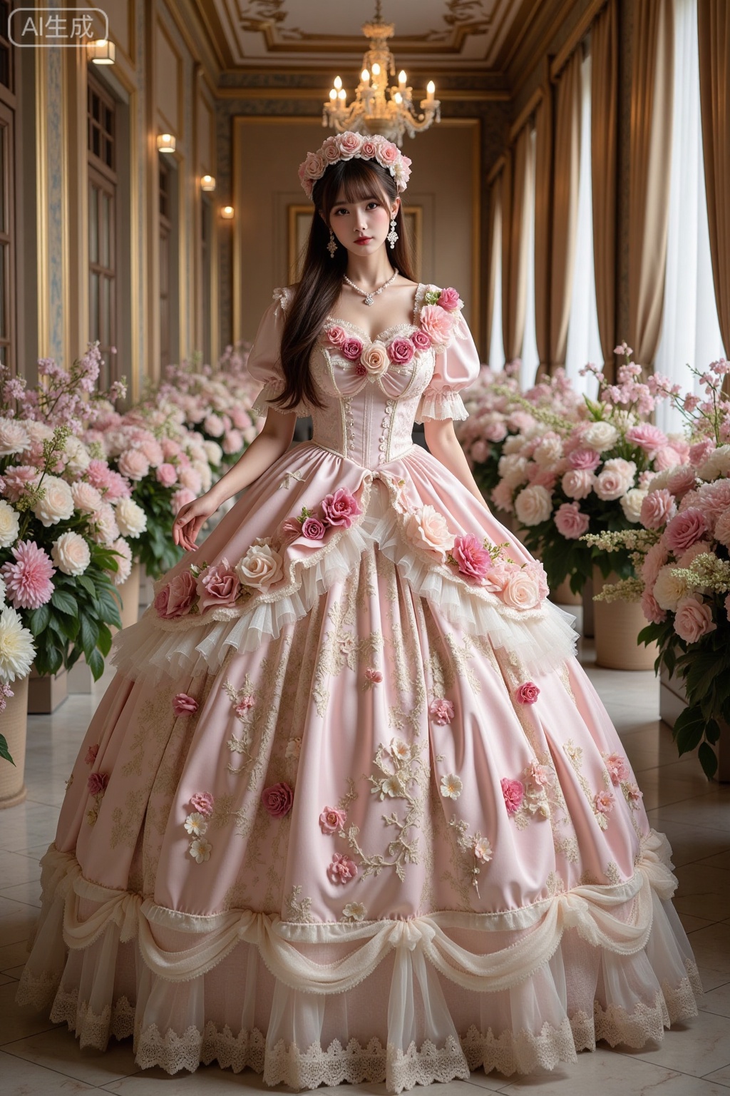 Realistic photo of a young woman with long hair, fair skin, big breasts, luxurious flowers Lolita, huge skirt, full body, luxurious European corridor, flowers, perspective lens,