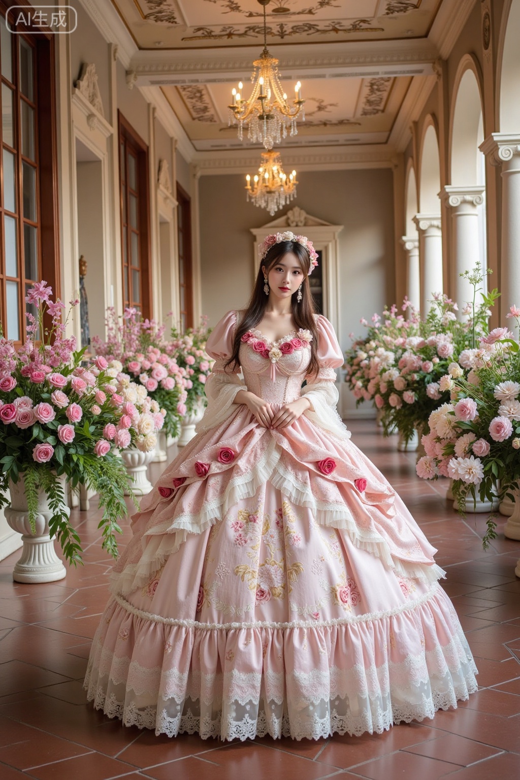 Realistic photo of a young woman with long hair, fair skin, big breasts, luxurious flowers Lolita, huge skirt, full body, luxurious European corridor, flowers, perspective lens,