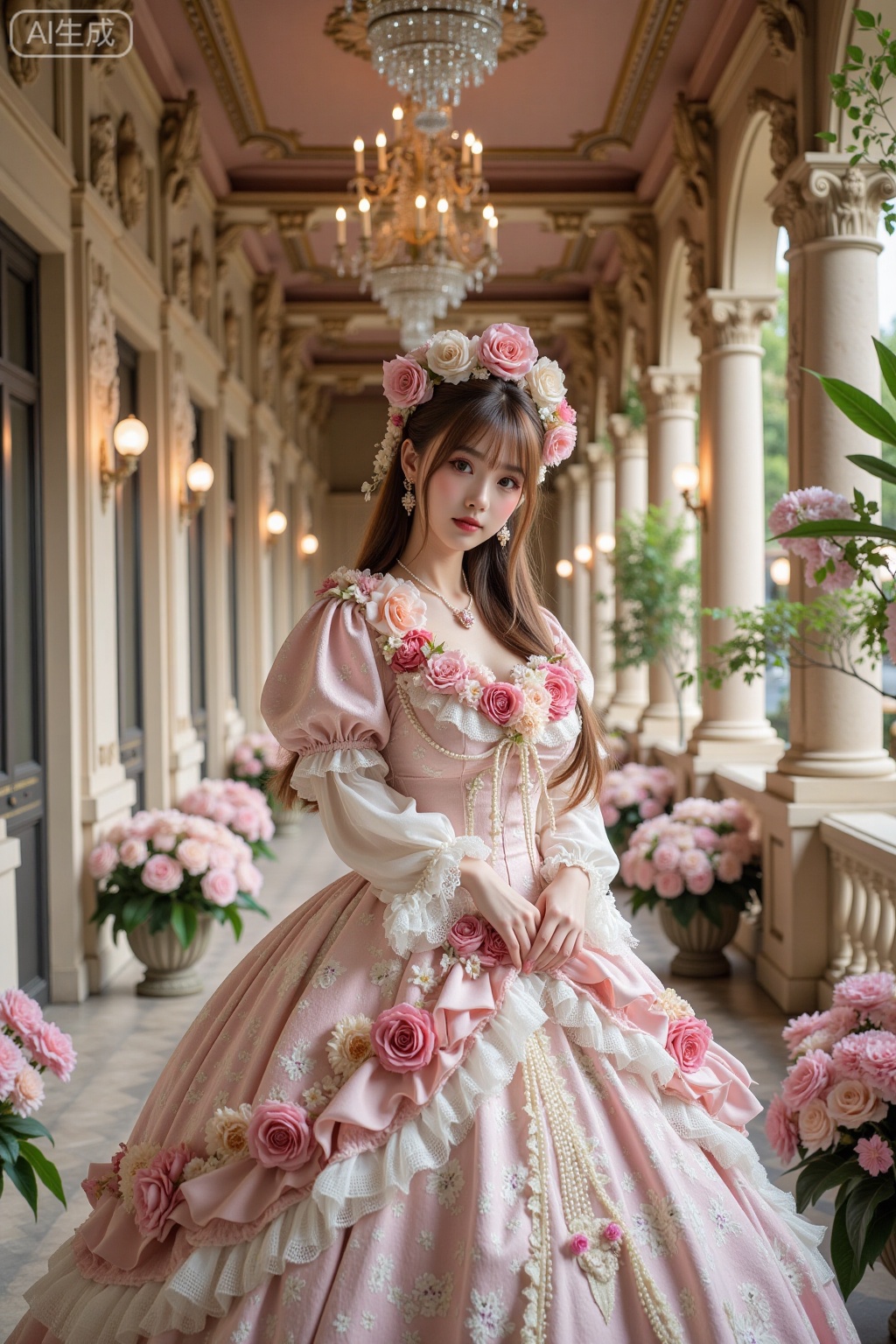 Realistic photo of a young woman with long hair, fair skin, big breasts, luxurious flowers Lolita, huge skirt, full body, luxurious European corridor, flowers, perspective lens,
