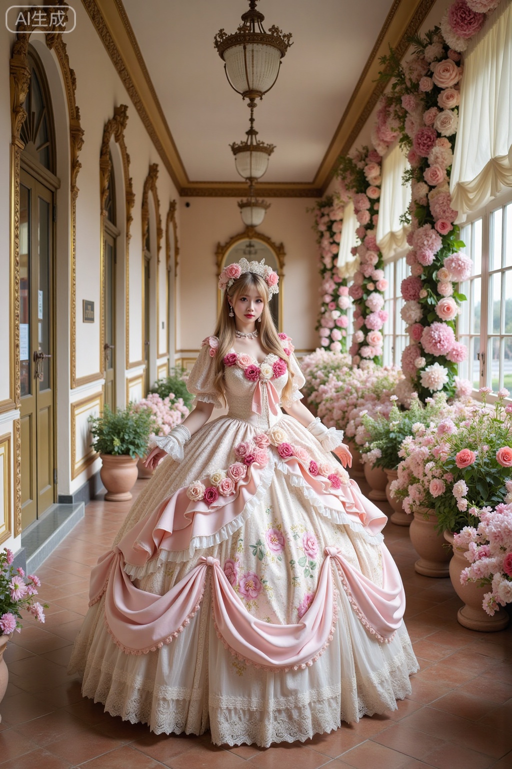 Realistic photo of a young woman with long hair, fair skin, big breasts, luxurious flowers Lolita, huge skirt, full body, luxurious European corridor, flowers, perspective lens,