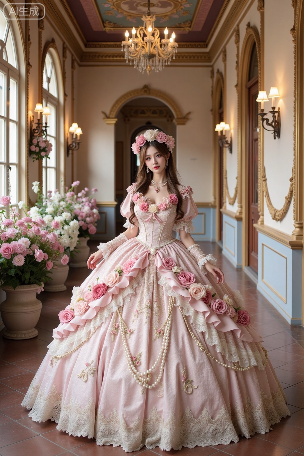 Realistic photo of a young woman with long hair, fair skin, big breasts, luxurious flowers Lolita, huge skirt, full body, luxurious European corridor, flowers, perspective lens,