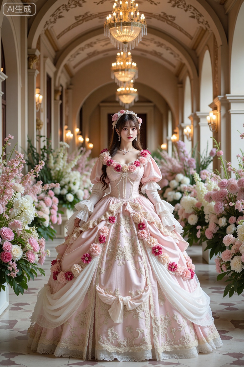 Realistic photo of a young woman with long hair, fair skin, big breasts, luxurious flowers Lolita, huge skirt, full body, luxurious European corridor, flowers, perspective lens,