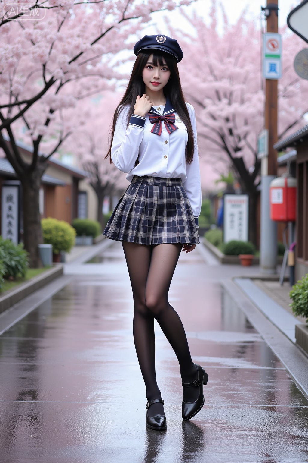 Realistic photo of a young woman with long hair, headwear,fair skin, big breasts, school uniform, plaid skirt, stockings, long legs, high heels, full body, Japanese wet street, cherry blossoms,