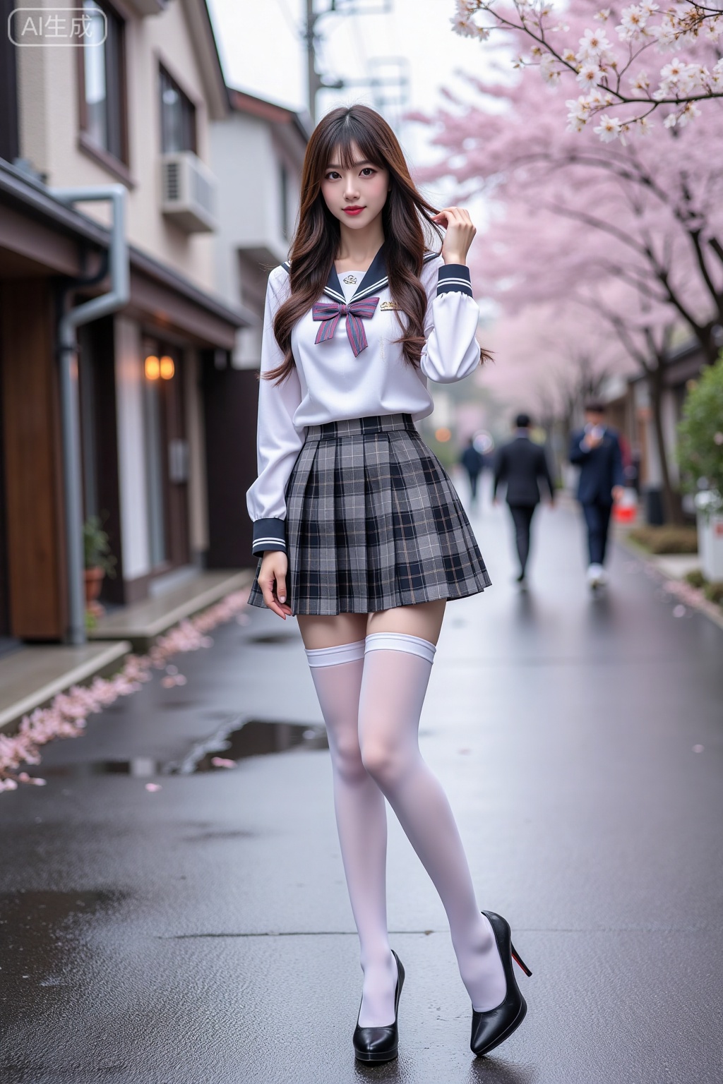 Realistic photo of a young woman with long hair, headwear,fair skin, big breasts, school uniform, plaid skirt, stockings, long legs, high heels, full body, Japanese wet street, cherry blossoms,