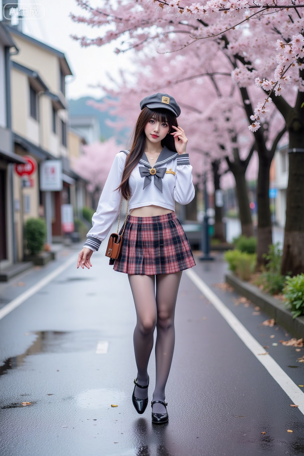 Realistic photo of a young woman with long hair, headwear,fair skin, big breasts, school uniform, plaid skirt, stockings, long legs, high heels, full body, Japanese wet street, cherry blossoms,