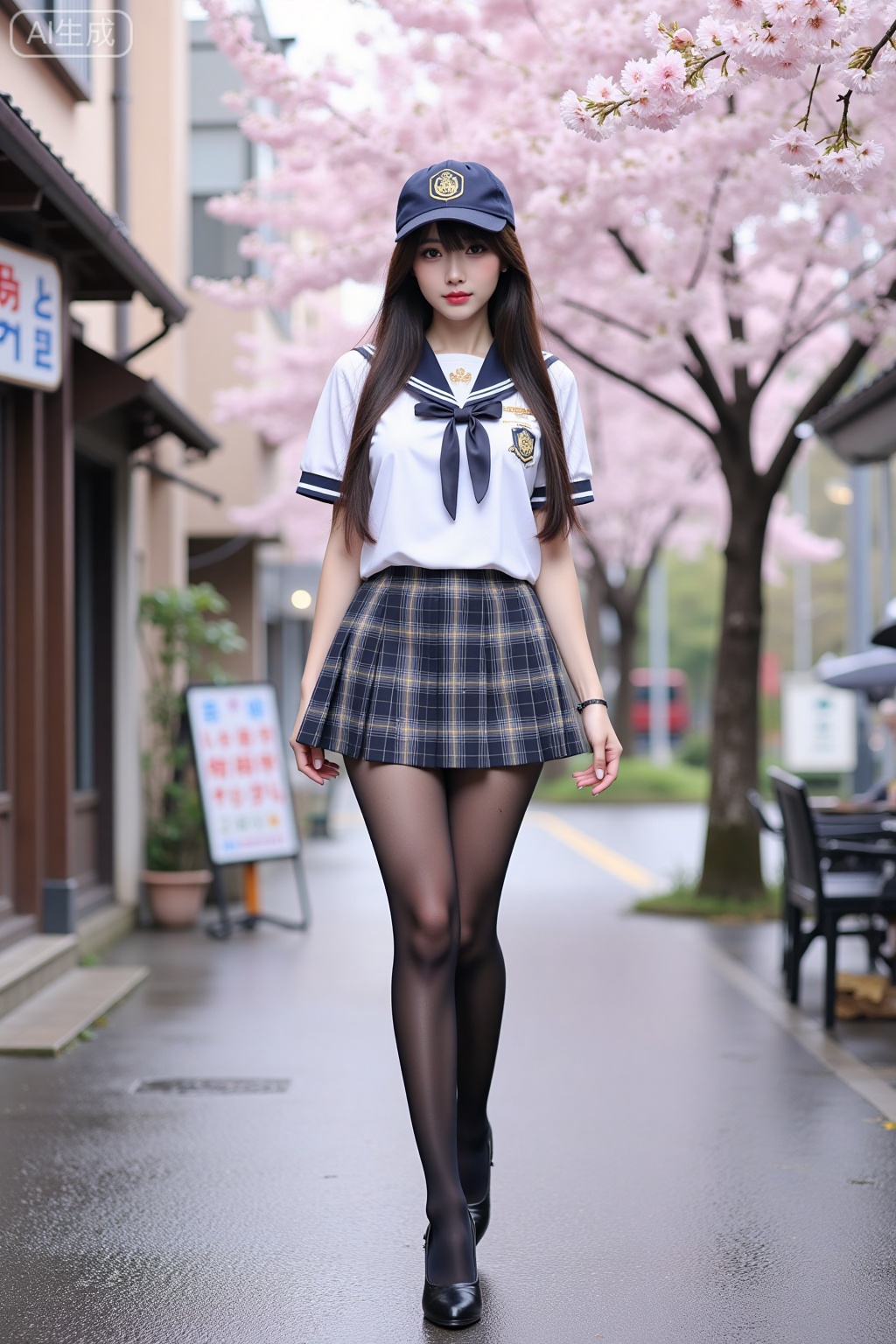 Realistic photo of a young woman with long hair, headwear,fair skin, big breasts, school uniform, plaid skirt, stockings, long legs, high heels, full body, Japanese wet street, cherry blossoms,