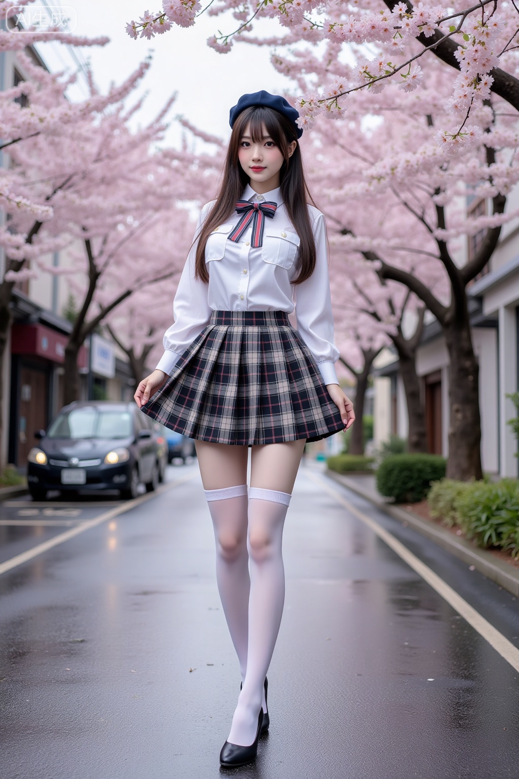 Realistic photo of a young woman with long hair, headwear,fair skin, big breasts, school uniform, plaid skirt, stockings, long legs, high heels, full body, Japanese wet street, cherry blossoms,