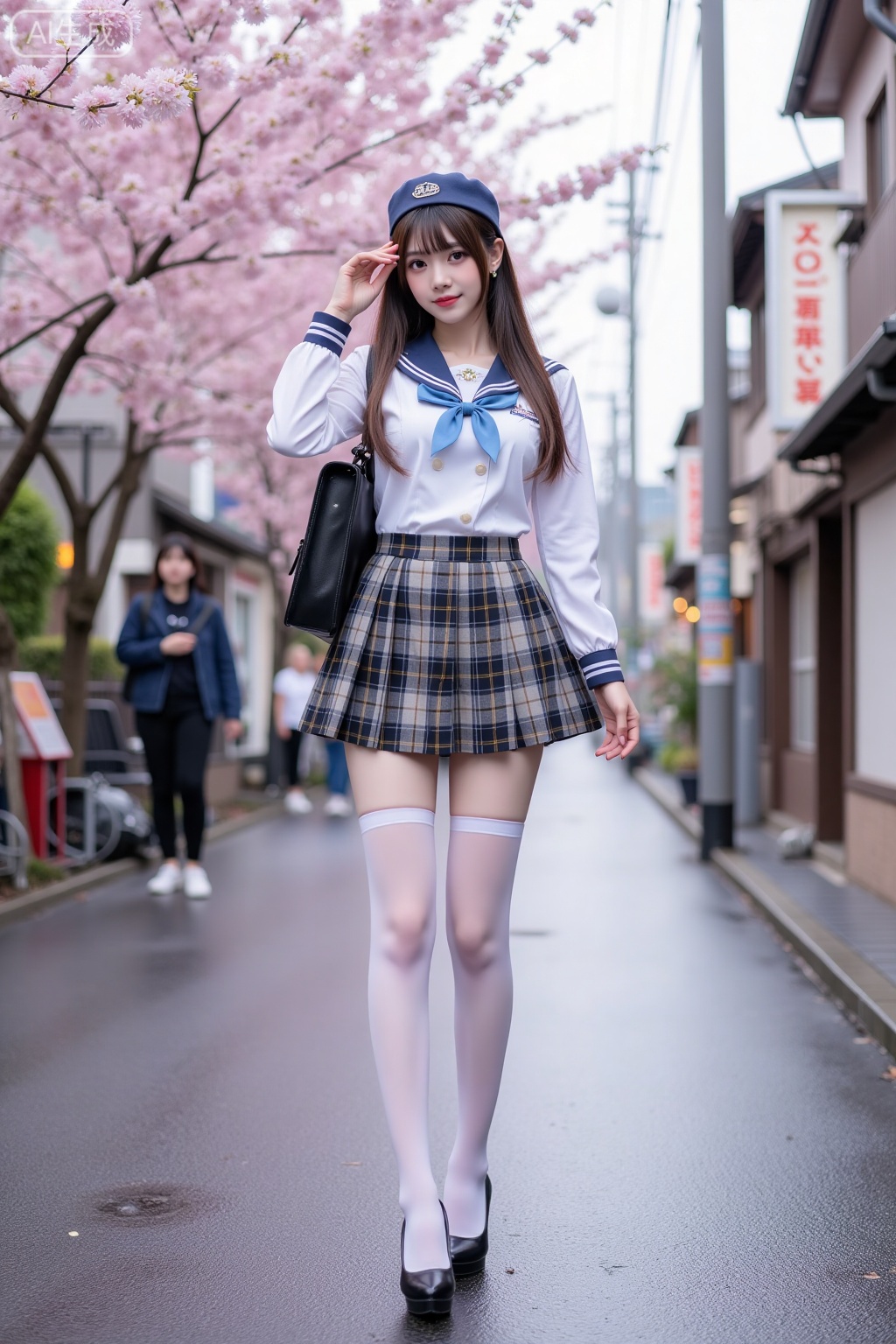 Realistic photo of a young woman with long hair, headwear,fair skin, big breasts, school uniform, plaid skirt, stockings, long legs, high heels, full body, Japanese wet street, cherry blossoms,