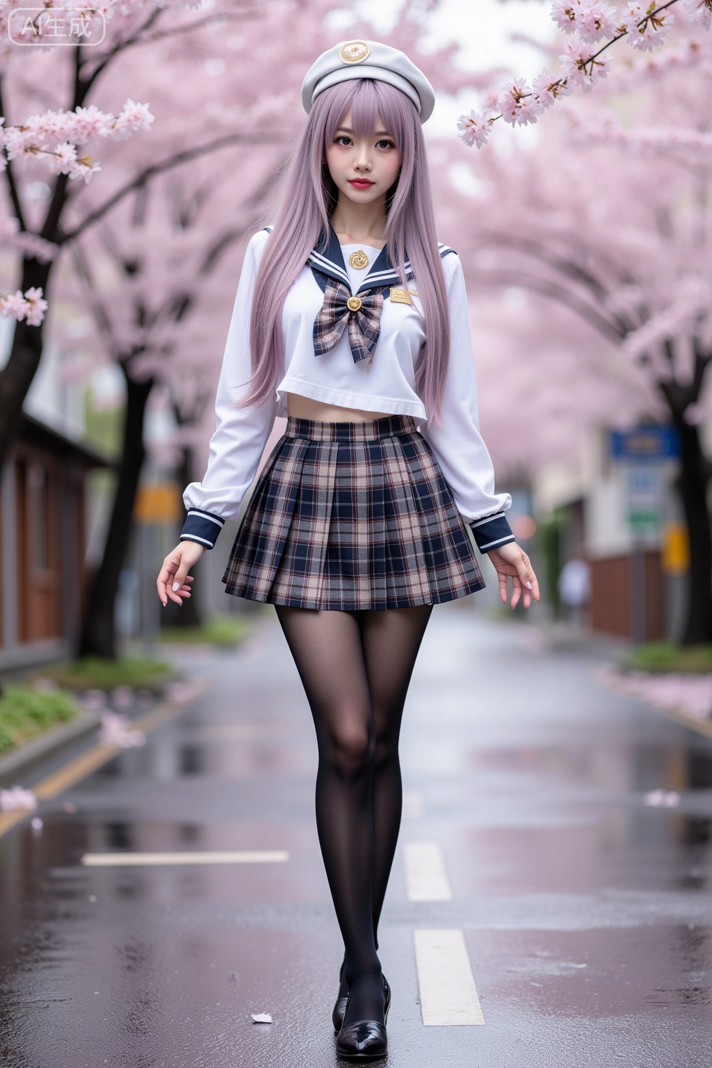 Realistic photo of a young woman with long hair, headwear,fair skin, big breasts, school uniform, plaid skirt, stockings, long legs, high heels, full body, Japanese wet street, cherry blossoms,
