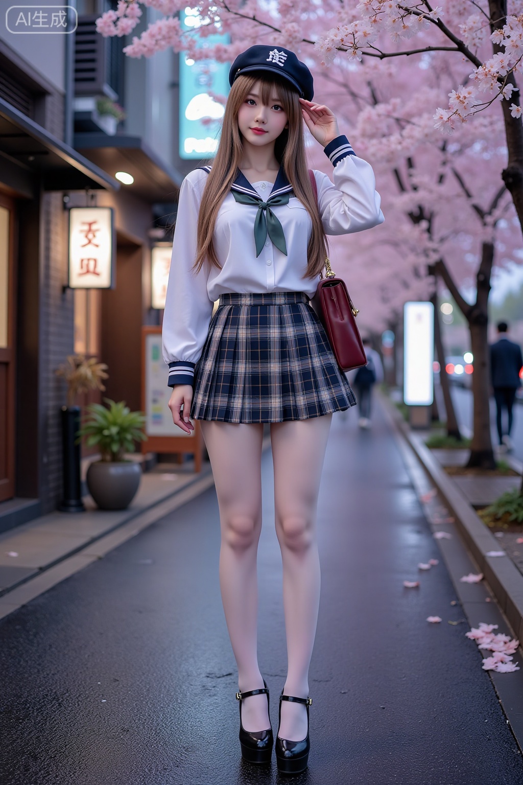 Realistic photo of a young woman with long hair, headwear,fair skin, big breasts, school uniform, plaid skirt, stockings, long legs, high heels, full body, night, Japanese wet street, cherry blossoms,