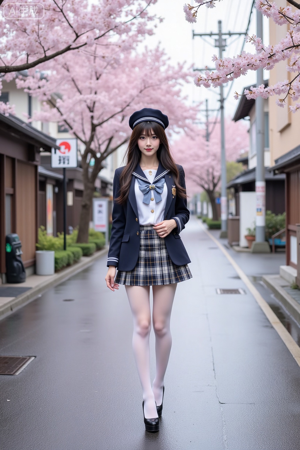 Realistic photo of a young woman with long hair, headwear,fair skin, big breasts, school uniform, plaid skirt, stockings, long legs, high heels, full body, Japanese wet street, cherry blossoms,