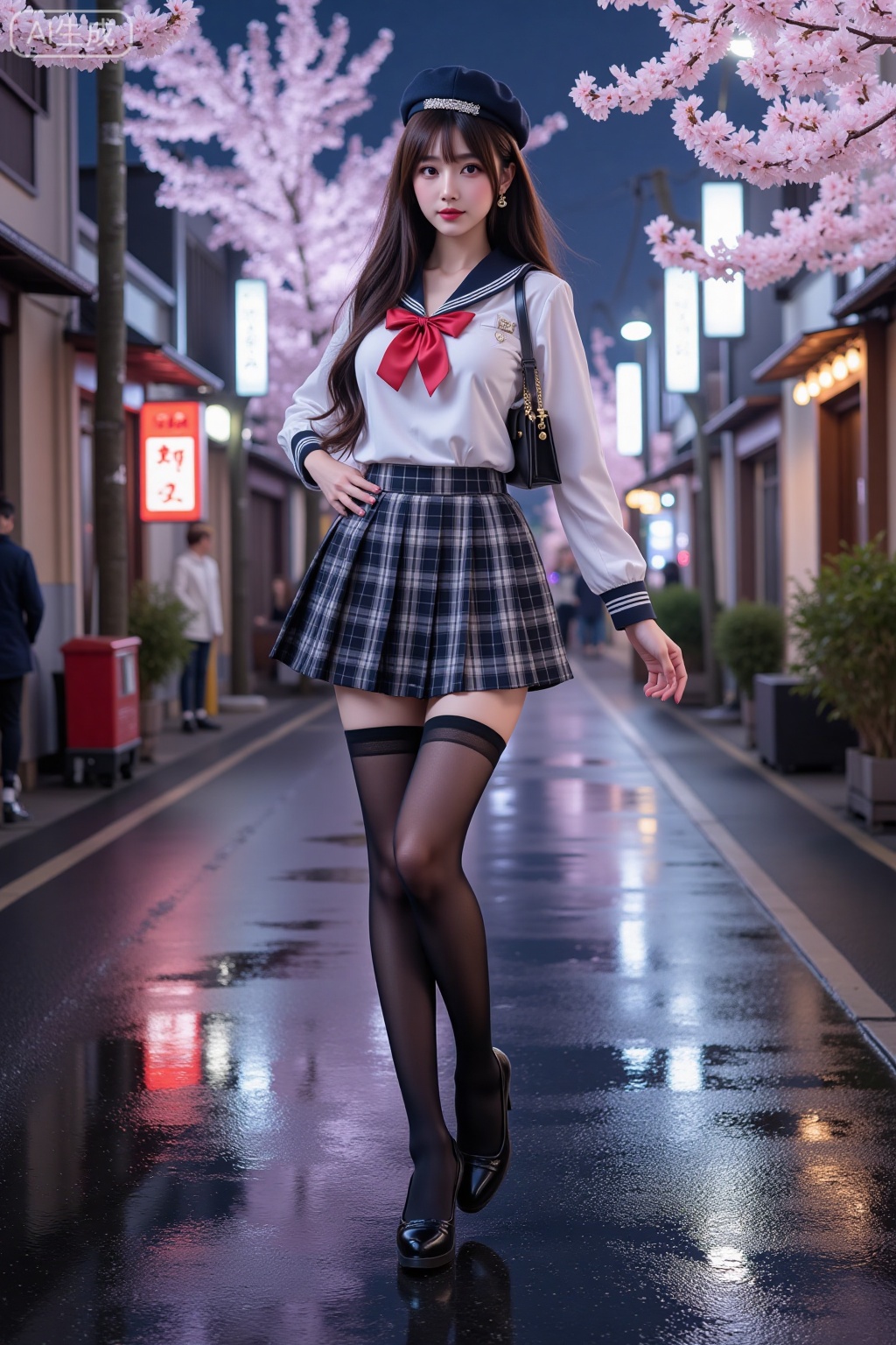 Realistic photo of a young woman with long hair, headwear,fair skin, big breasts, school uniform, plaid skirt, stockings, long legs, high heels, full body, night, Japanese wet street, cherry blossoms,