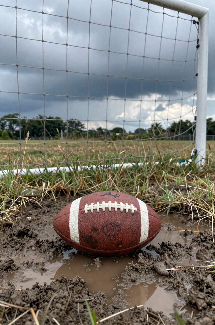 A worn leather football stuck in a muddy puddle on an empty field,  framed through the goalpost’s netting and tall overgro...