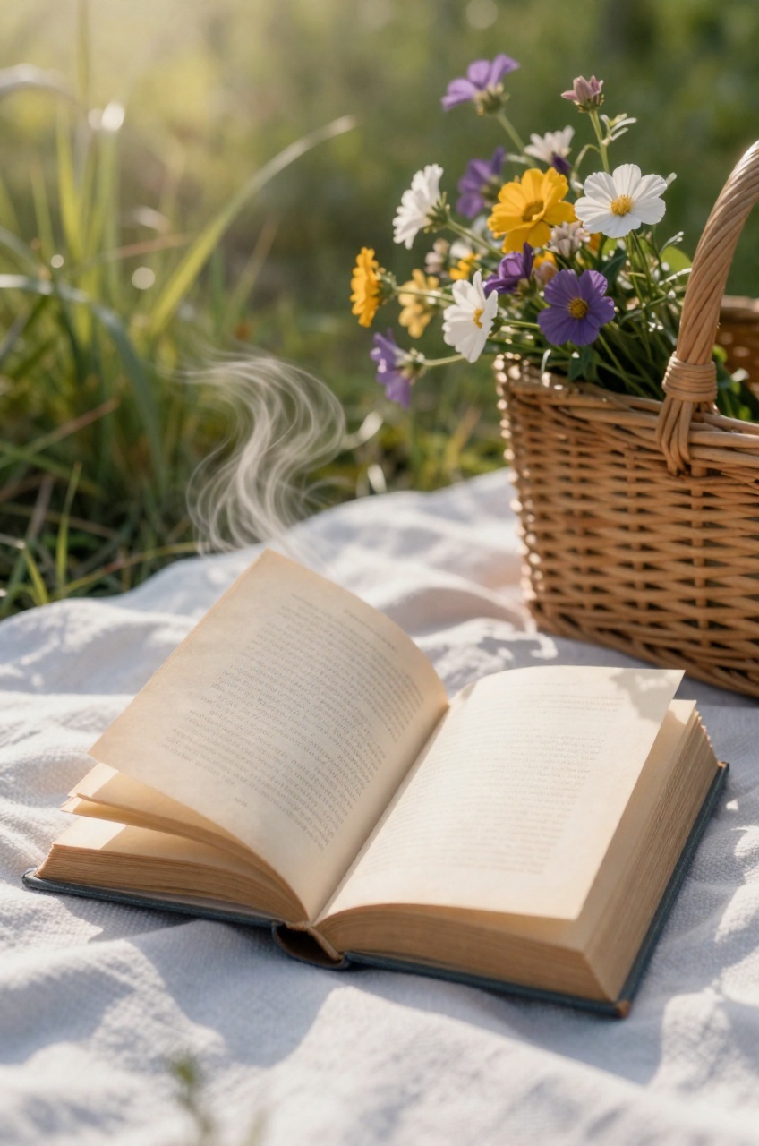 An open book with yellowed pages fluttering in the breeze,  placed on a picnic blanket,  framed from behind a basket and w...